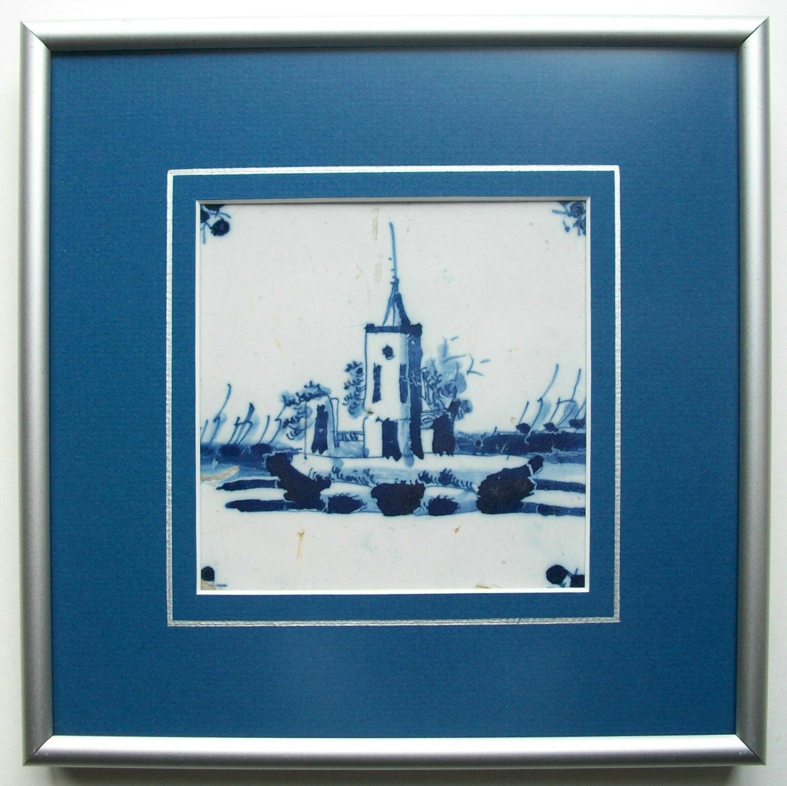 Antique Dutch Delft Ceramic Tile, Hand Painted Castle, Framed, 17th Century In Good Condition For Sale In Chatham, ON