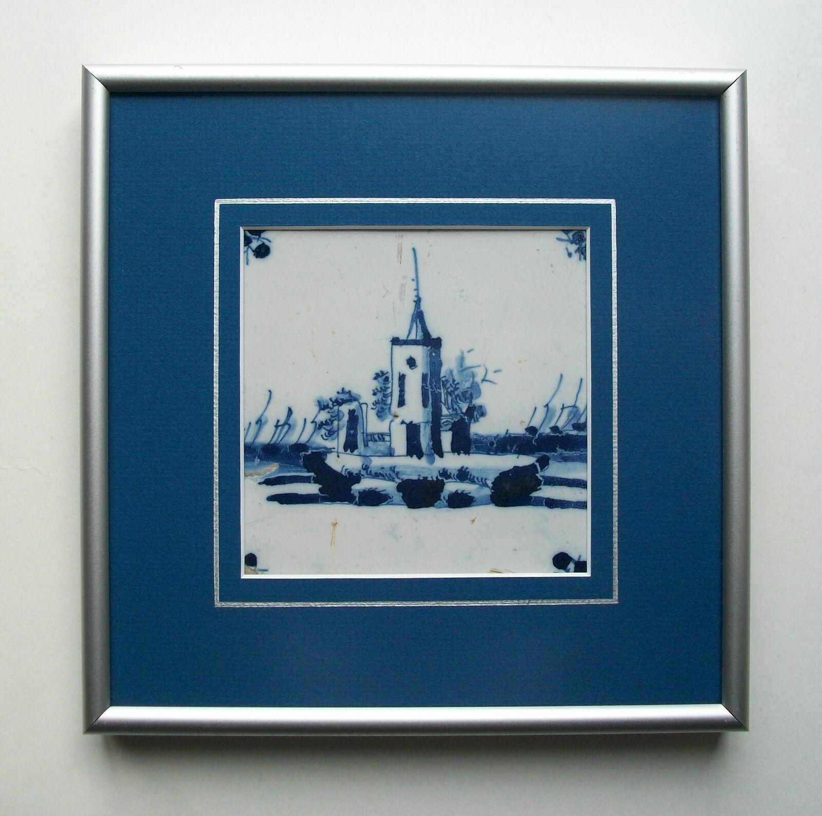 18th Century and Earlier Antique Dutch Delft Ceramic Tile, Hand Painted Castle, Framed, 17th Century For Sale