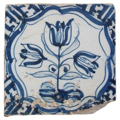 Antique Dutch Delft Ceramic Tile, Hand Painted Tulips, Holland, 17th Century