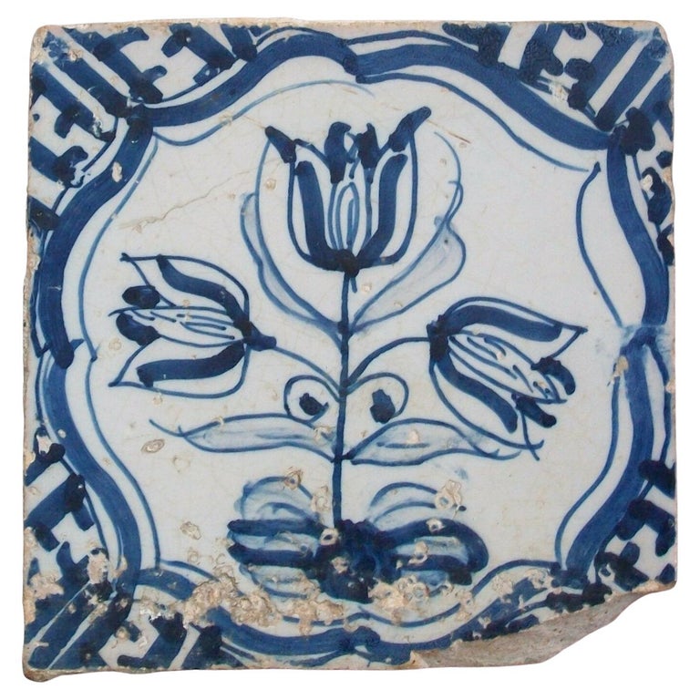 Ancien Carreau De Céramique Delft XVIIe - Décor Manganèse - Pièce Authentique