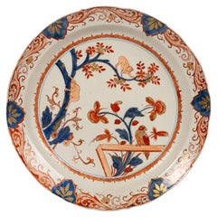 Antique Dutch Delft Charger Decorated with Monkeys Painted in Imari Style Colors