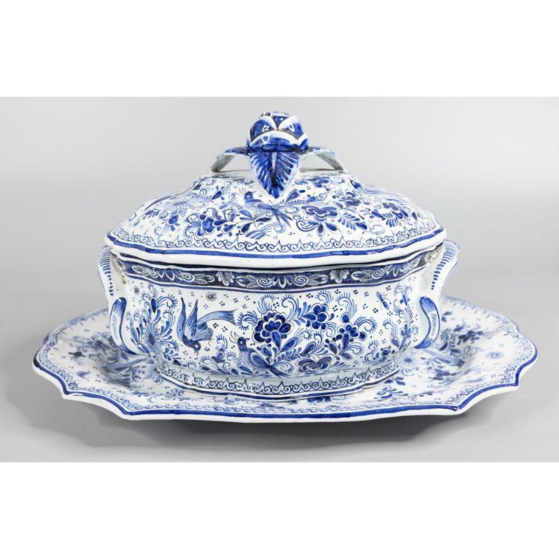 Hand-Painted Antique Dutch Delft Faience Lidded Tureen with Platter