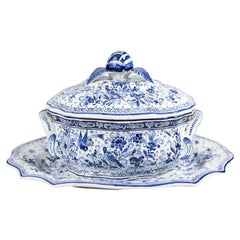 Antique Dutch Delft Faience Lidded Tureen with Platter