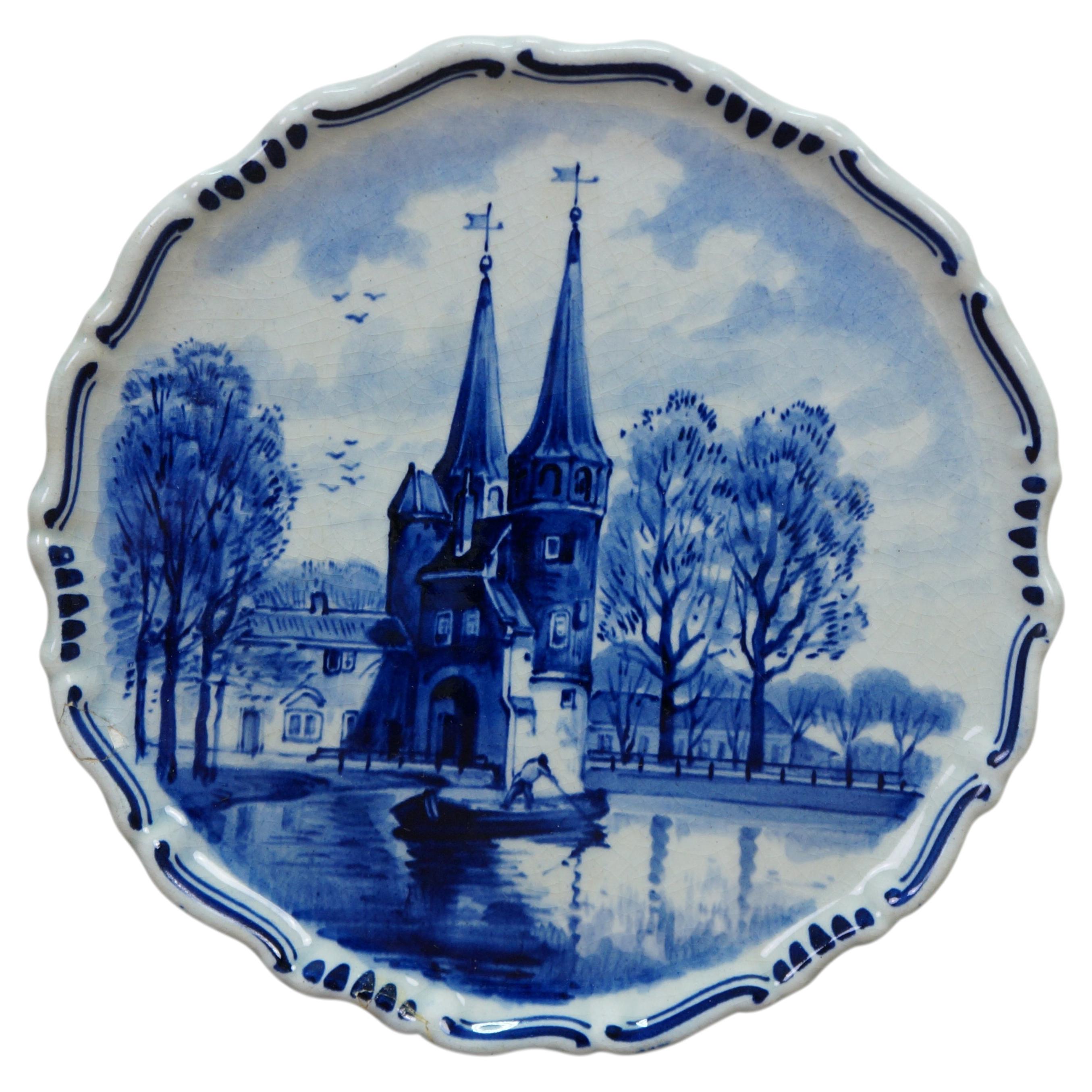 Antique Dutch Delft Hand Painted Blue & White Plate Oostpoort Water Cityscape 6"