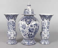 Antique Dutch Delft Peacock Garniture Vases, Set of 3