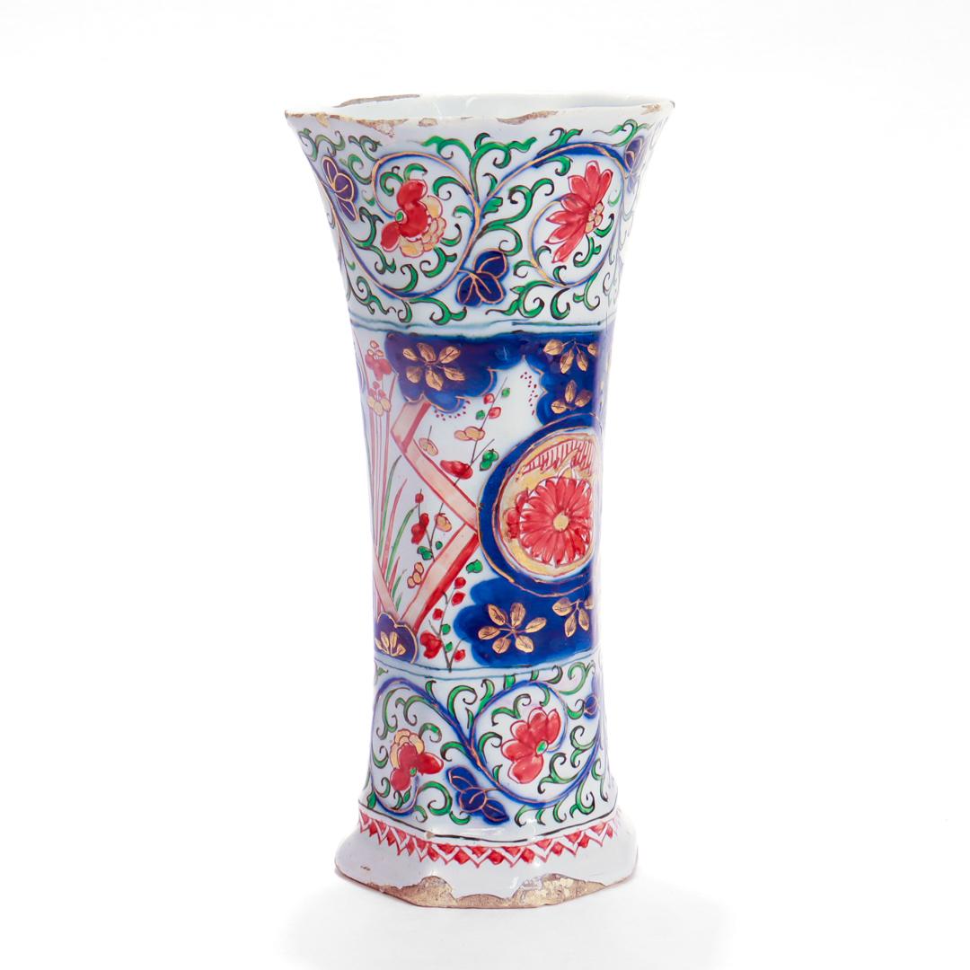 Antique Dutch Delft Pottery Polychrome Beaker Vase by Pieter Kocx/De Grieksche A In Fair Condition For Sale In Philadelphia, PA