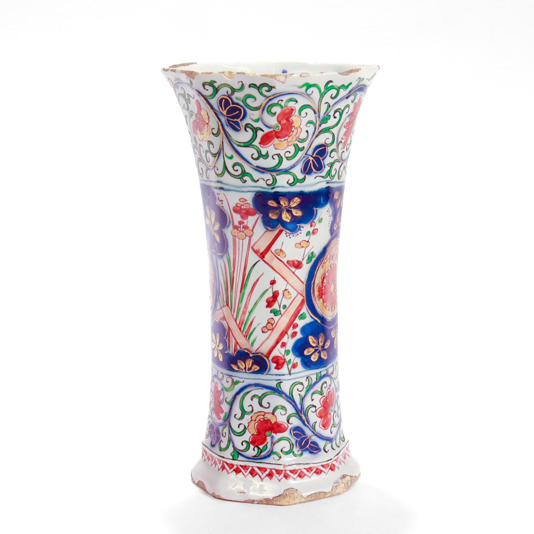 18th Century and Earlier Antique Dutch Delft Pottery Polychrome Beaker Vase by Pieter Kocx/De Grieksche A For Sale