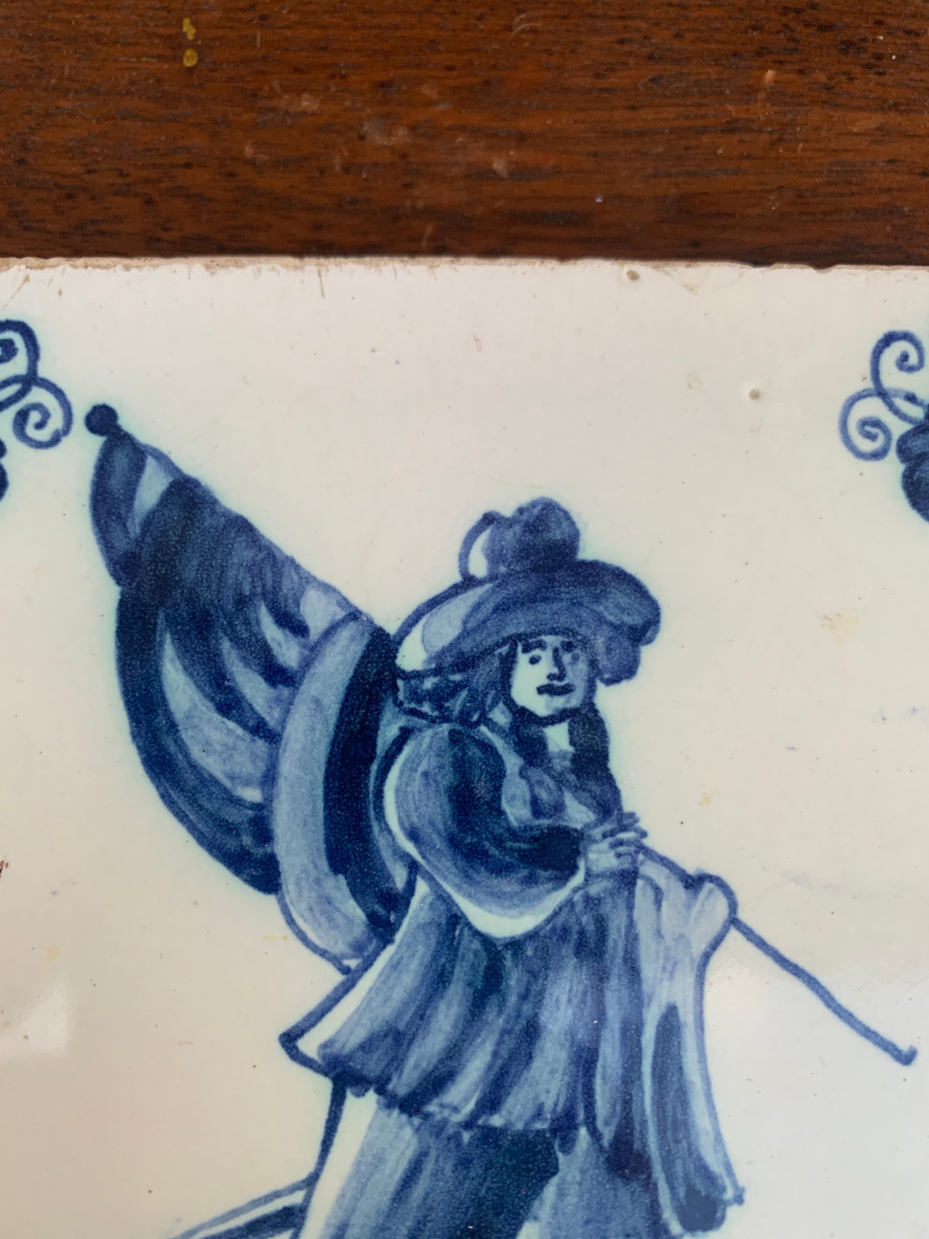 19th Century Antique Dutch Delft Style Blue and White Tile Featuring a Soldier For Sale