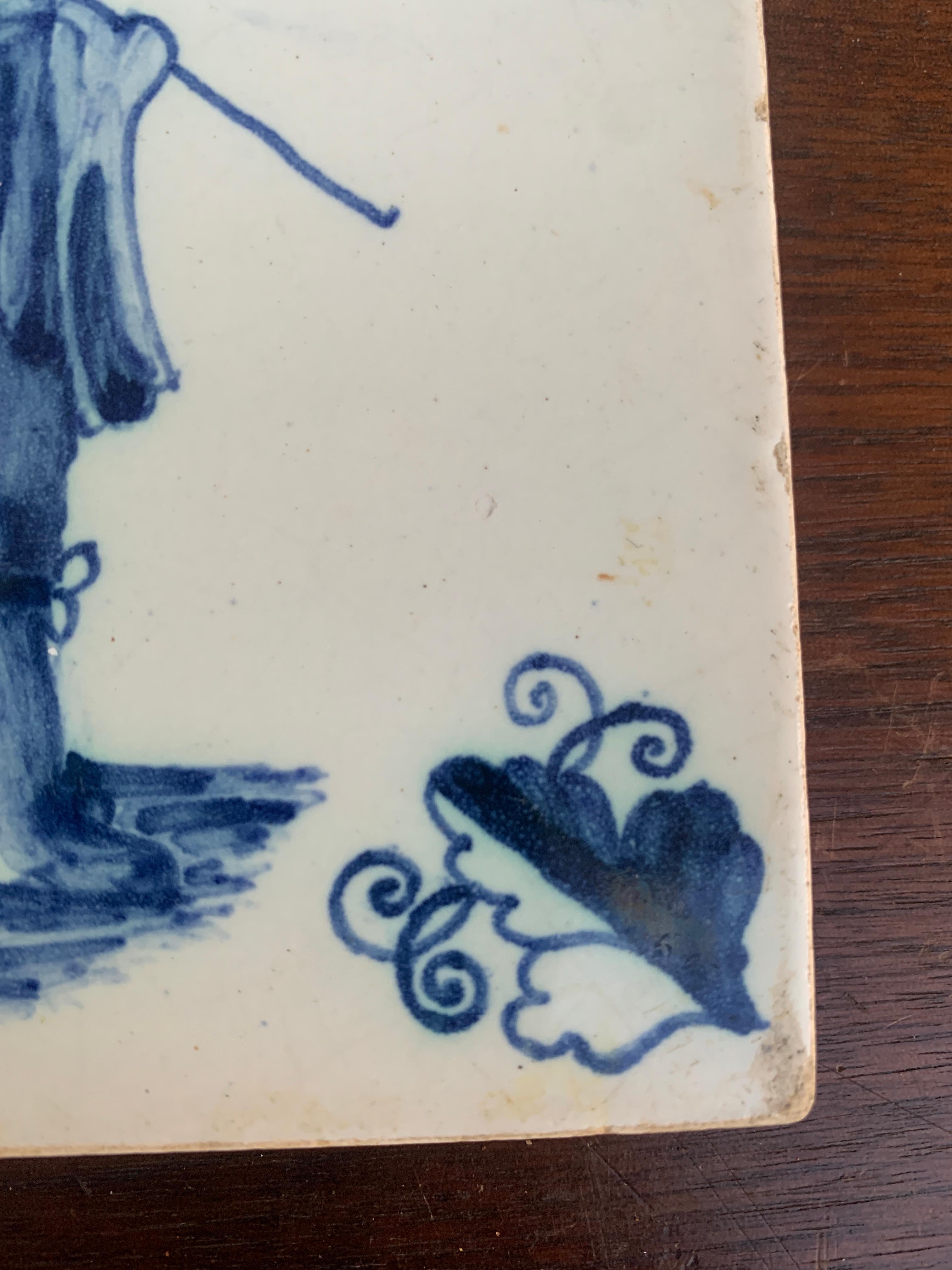 Antique Dutch Delft Style Blue and White Tile Featuring a Soldier For Sale 1