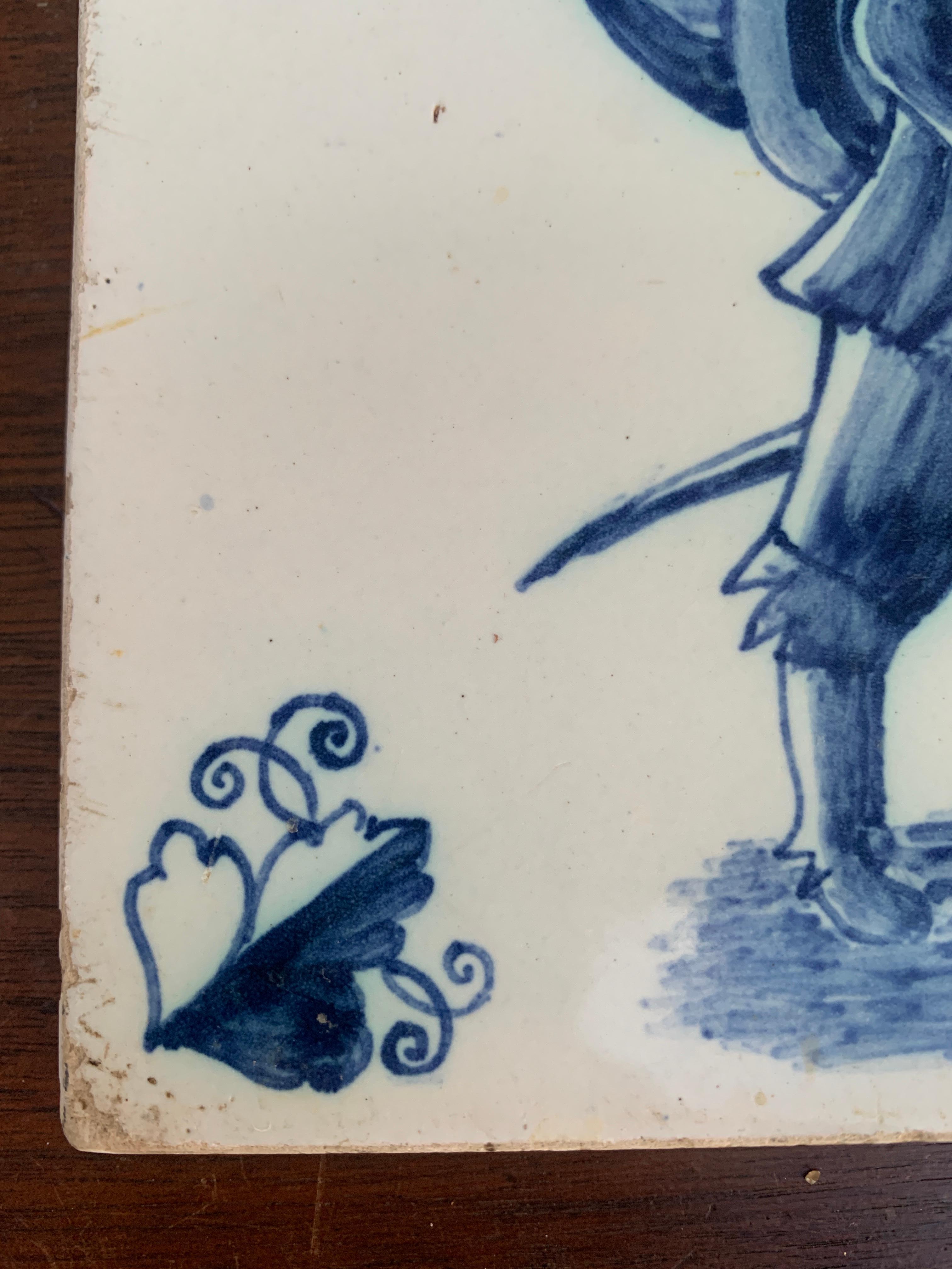 Antique Dutch Delft Style Blue and White Tile Featuring a Soldier For Sale 2