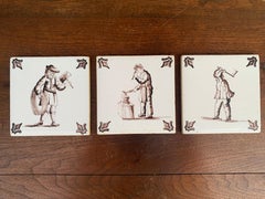 Antique Dutch Delft Style Craftsmen Brown and White Tiles, Set of Three