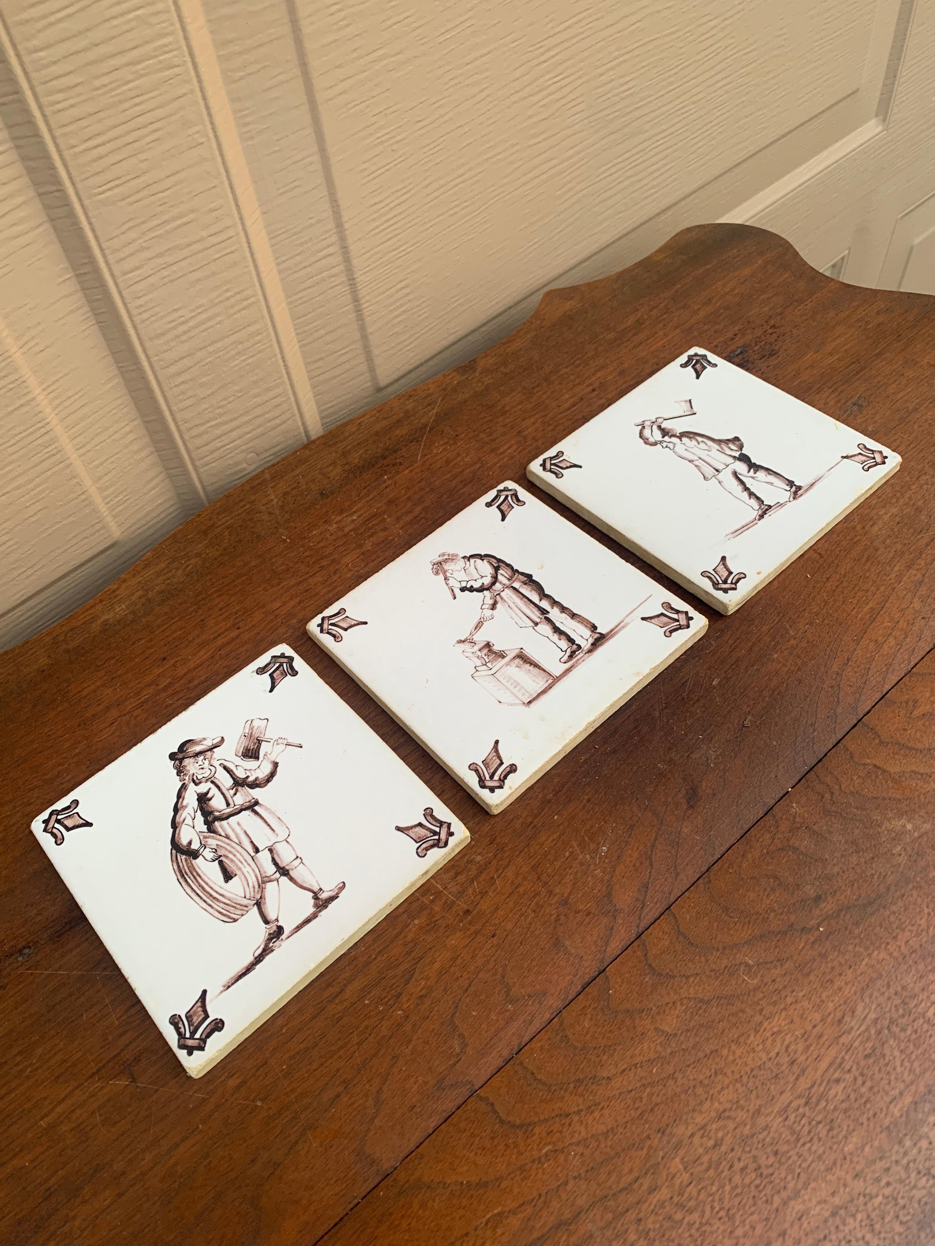 Antique Dutch Delft Style Craftsmen Brown and White Tiles, Set of Three In Good Condition For Sale In Elkhart, IN
