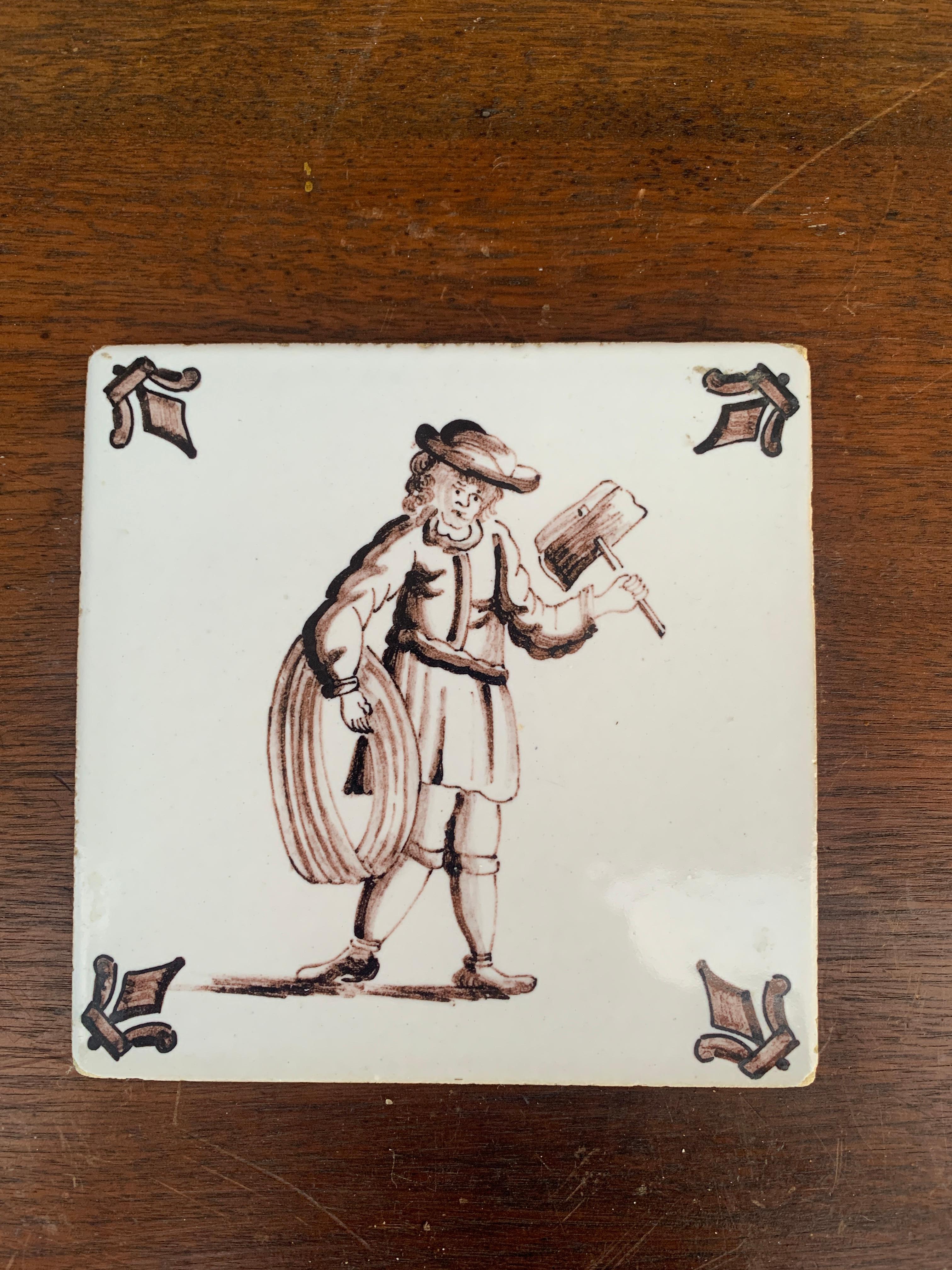 19th Century Antique Dutch Delft Style Craftsmen Brown and White Tiles, Set of Three For Sale