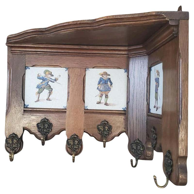 Stunning Large Antique Wall Coat Rack and Shelf w. Delft Blue Biblical ...