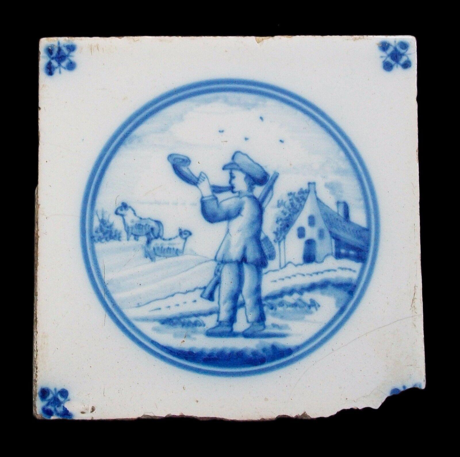 Dutch Colonial Antique Dutch Delft Tile, Hand Painted Shepherd/Sheep, Holland, 18th Century