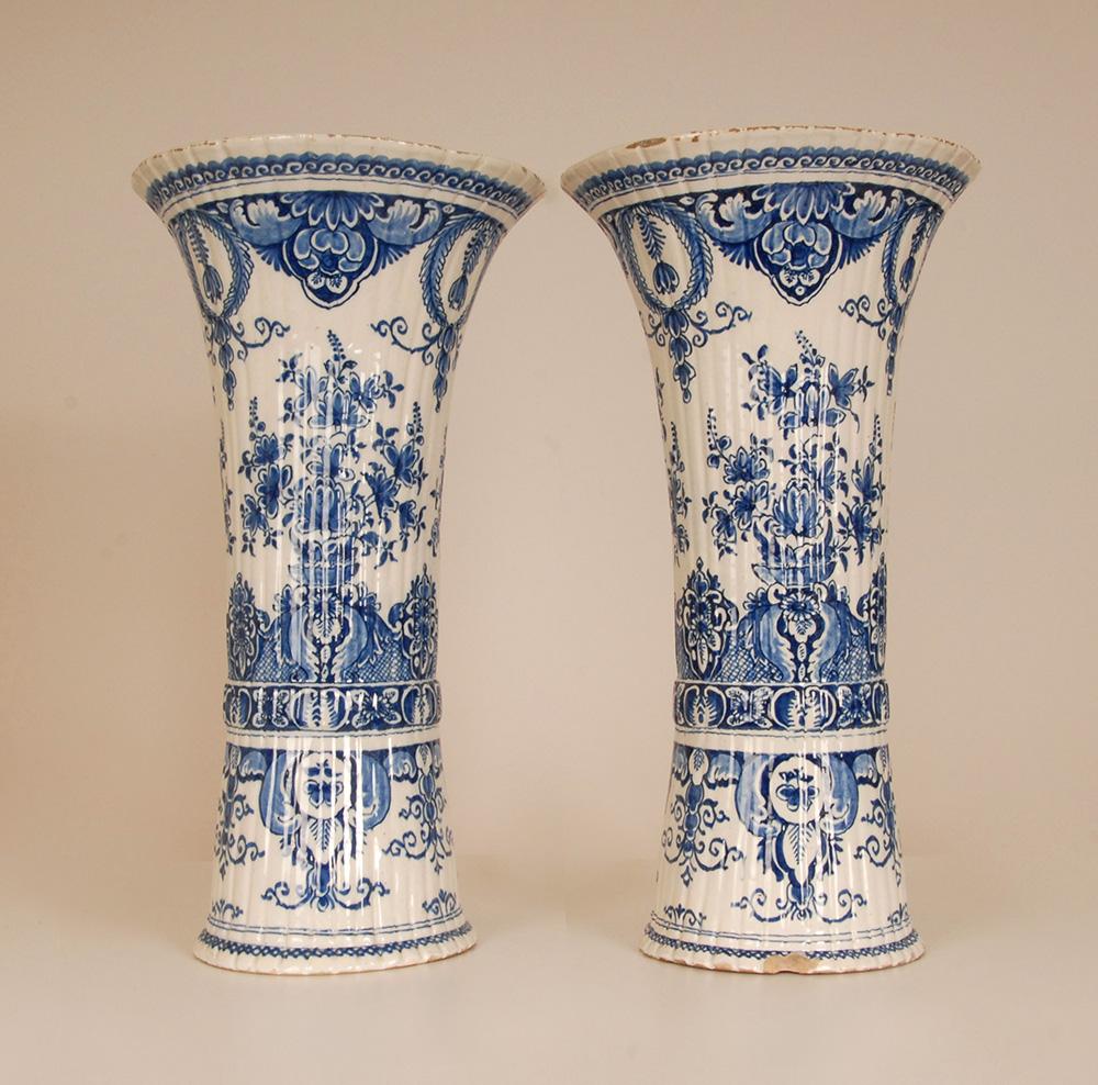 Antique Dutch Delft Vases Blue and White Earthenware Tall Beaker Vases - A Pair For Sale 6
