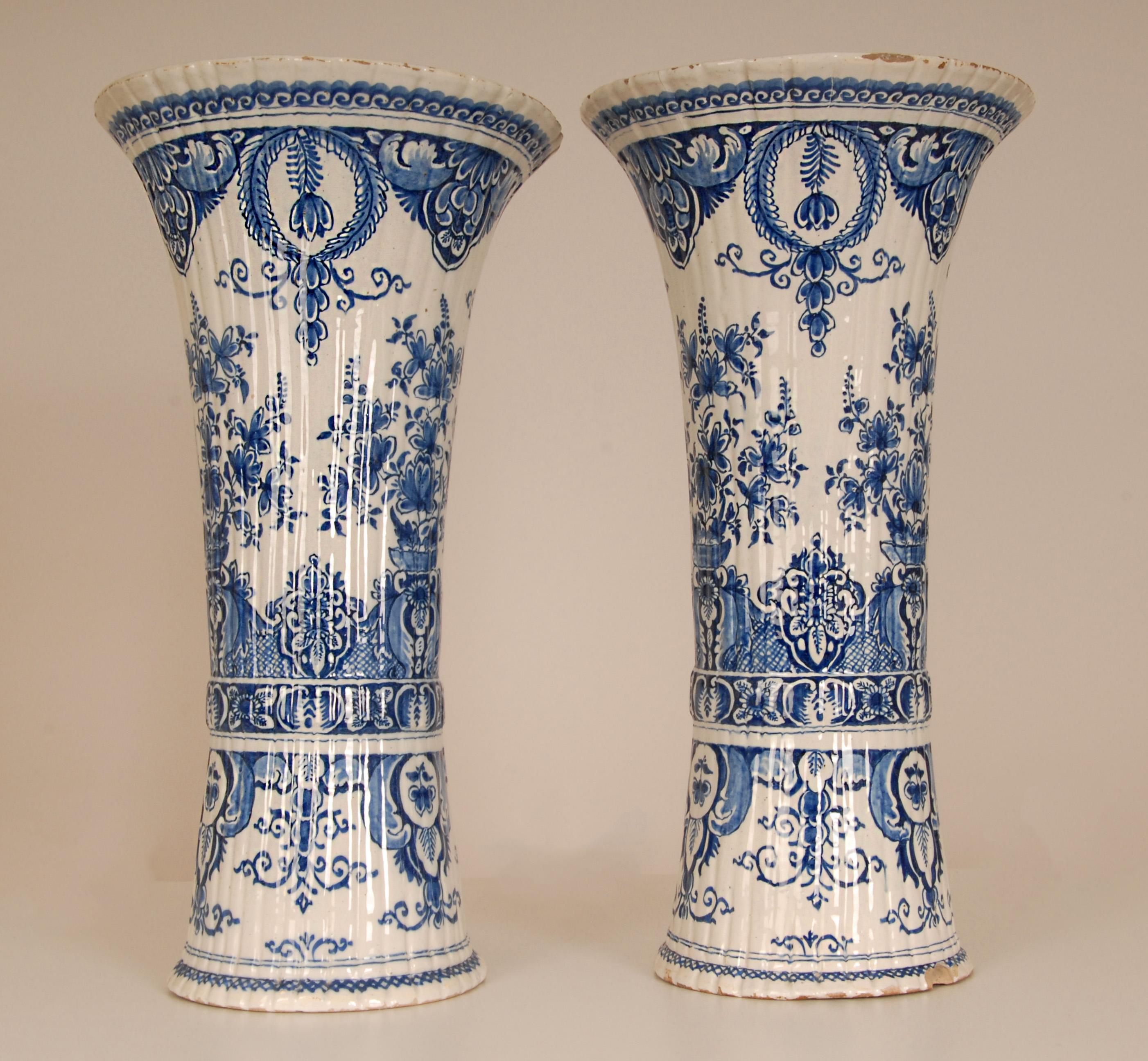Baroque Revival Antique Dutch Delft Vases Blue and White Earthenware Tall Beaker Vases - A Pair For Sale