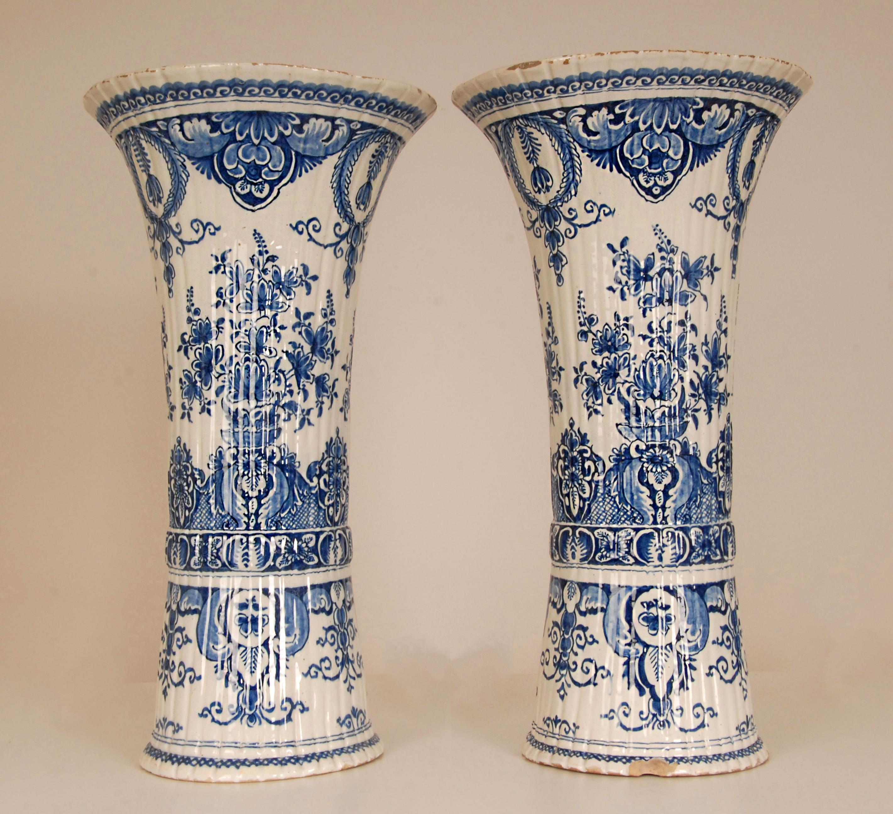 Hand-Crafted Antique Dutch Delft Vases Blue and White Earthenware Tall Beaker Vases - A Pair For Sale