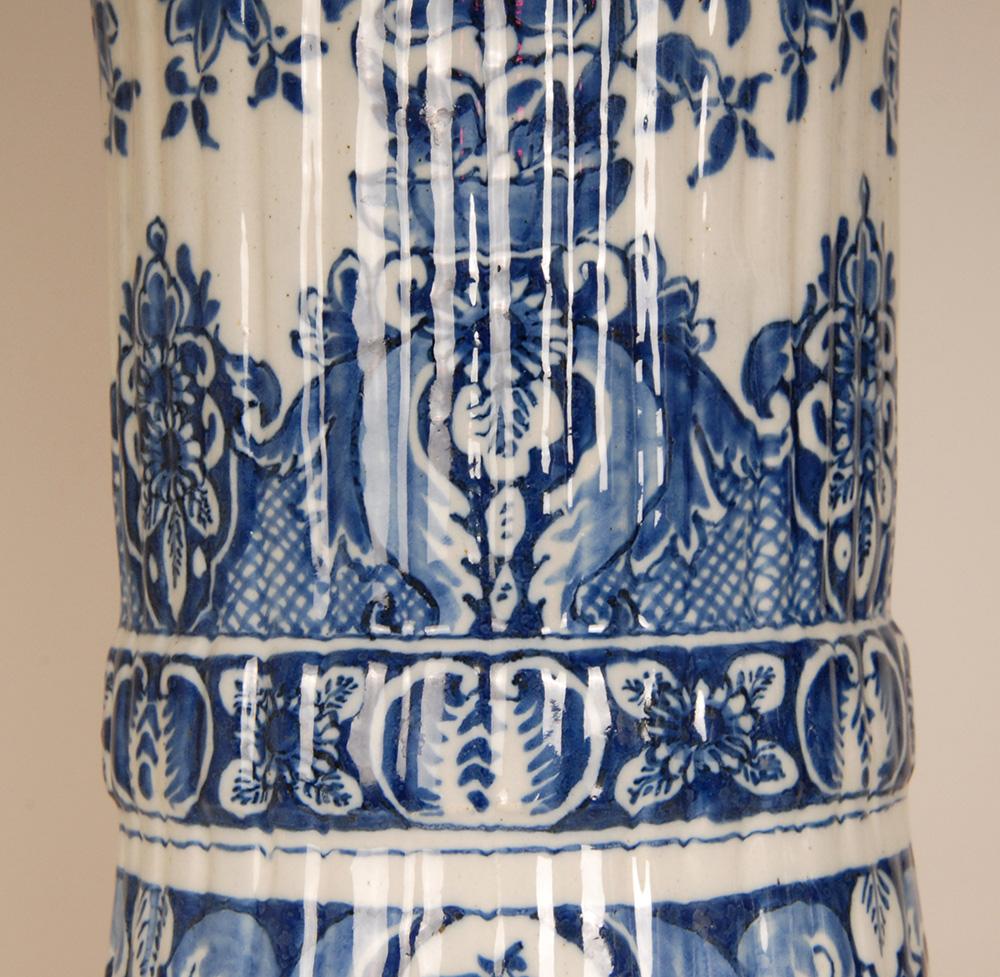 Antique Dutch Delft Vases Blue and White Earthenware Tall Beaker Vases - A Pair In Good Condition For Sale In Wommelgem, VAN