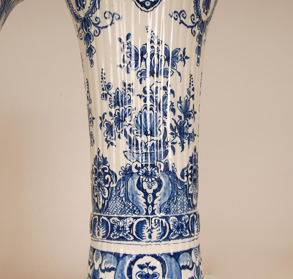 19th Century Antique Dutch Delft Vases Blue and White Earthenware Tall Beaker Vases - A Pair For Sale