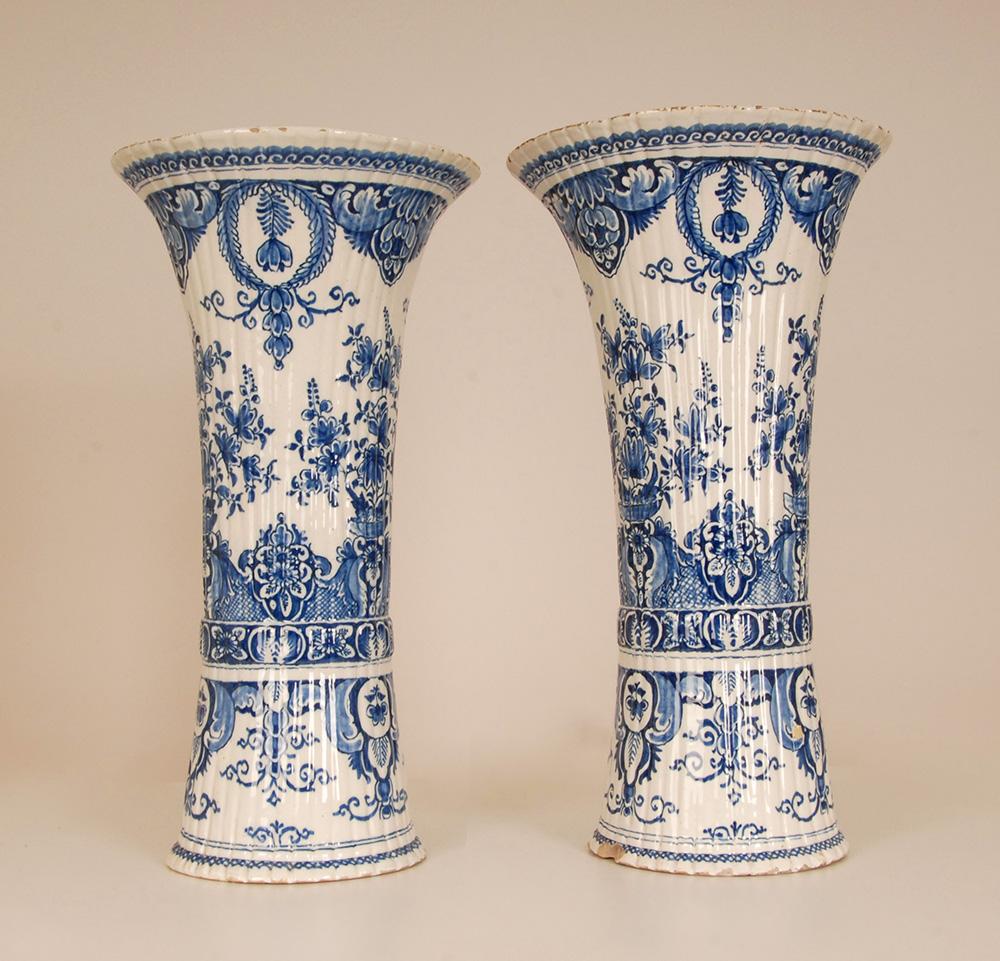 Antique Dutch Delft Vases Blue and White Earthenware Tall Beaker Vases - A Pair For Sale 1
