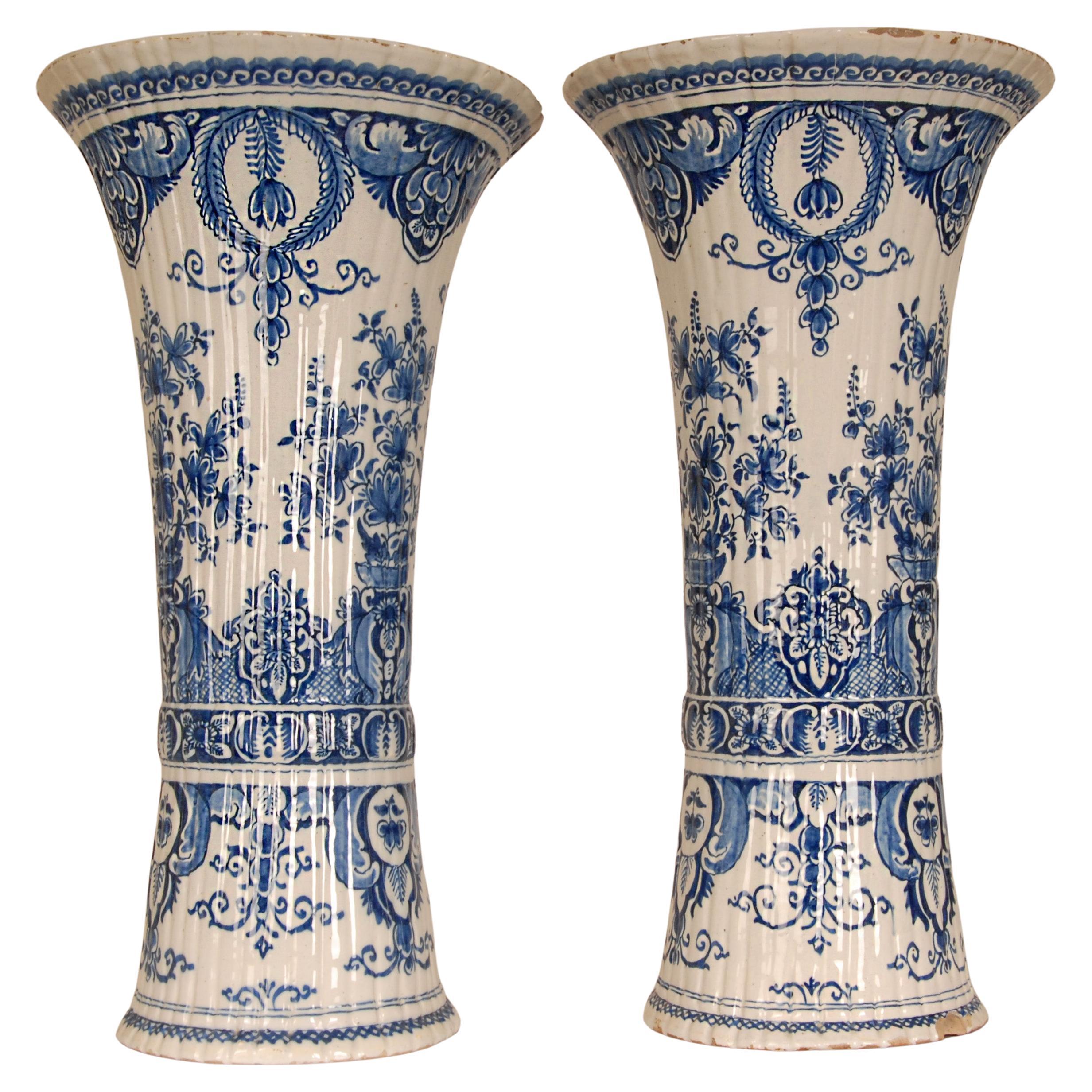 Antique Dutch Delft Vases Blue and White Earthenware Tall Beaker Vases - A Pair For Sale