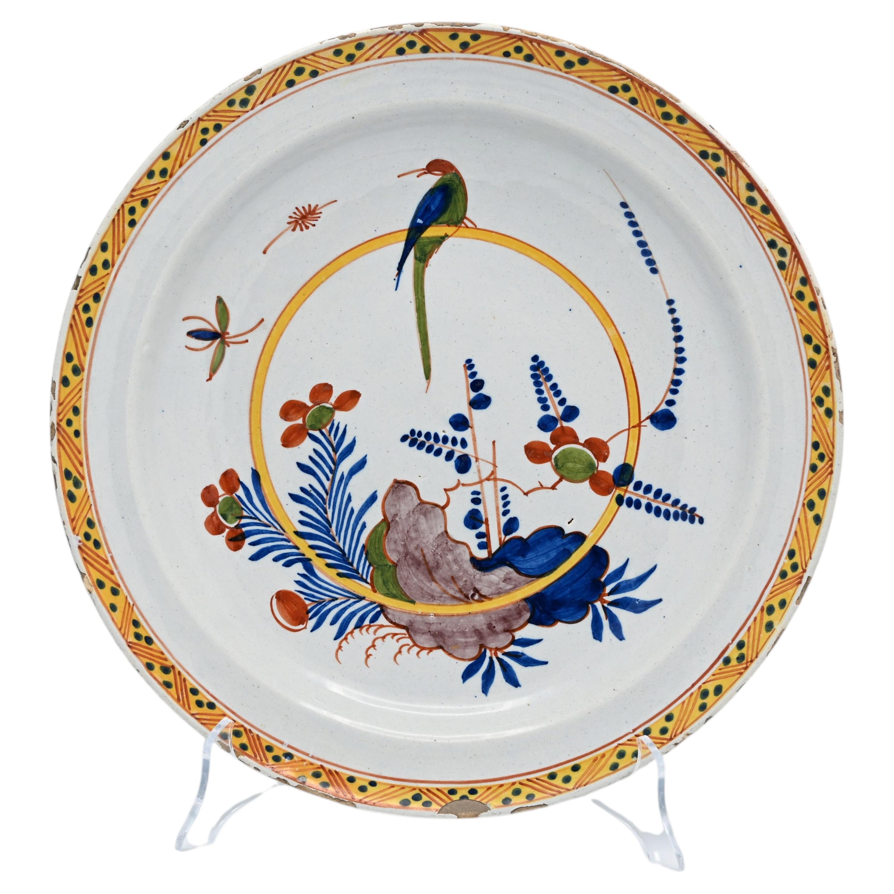 Antique Dutch Delftware Charger with a Parrot, mid 18th century For Sale
