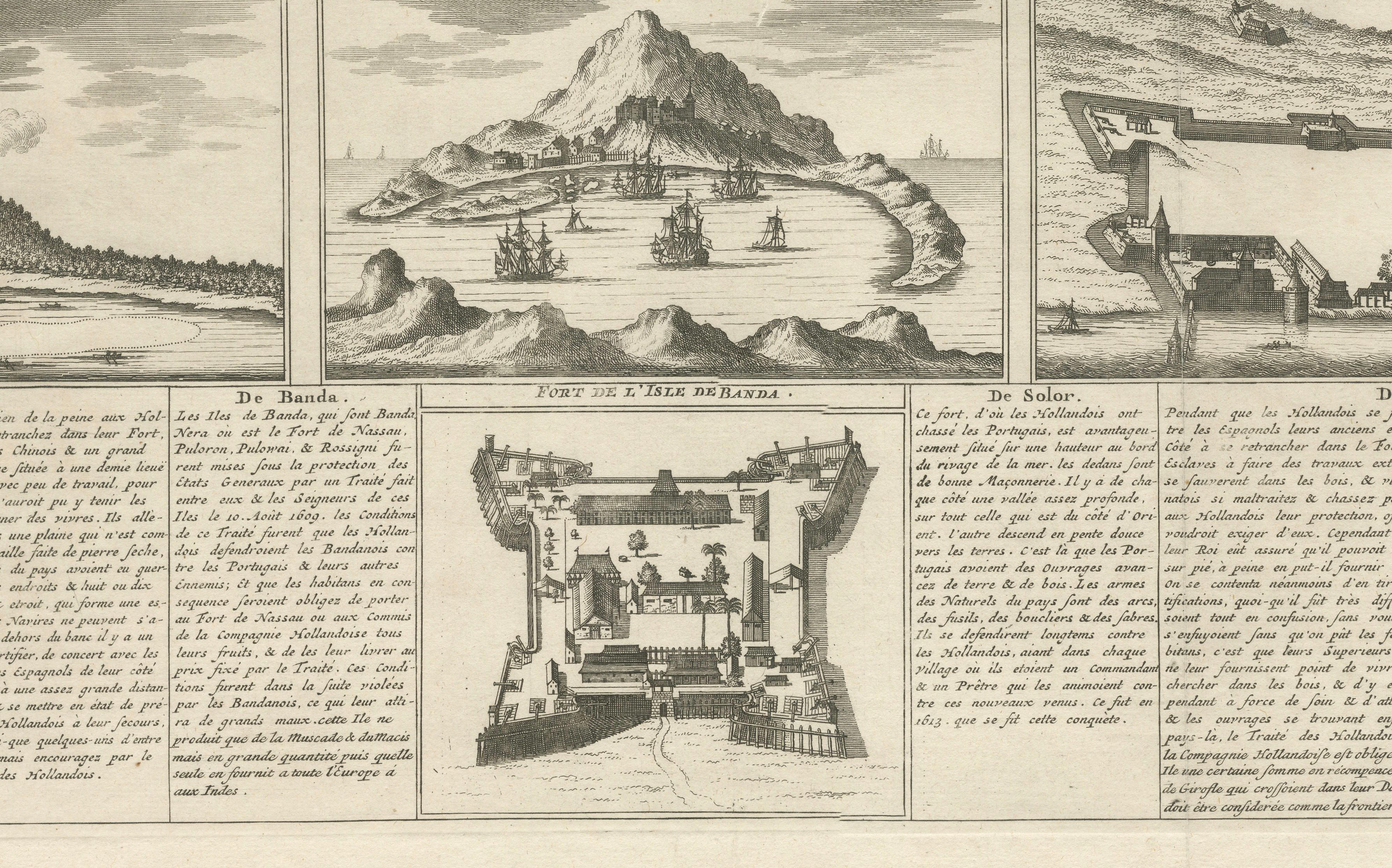Antique Dutch East Indies Forts Engraving — VOC Batavia, Ambon & Banda, c.1719