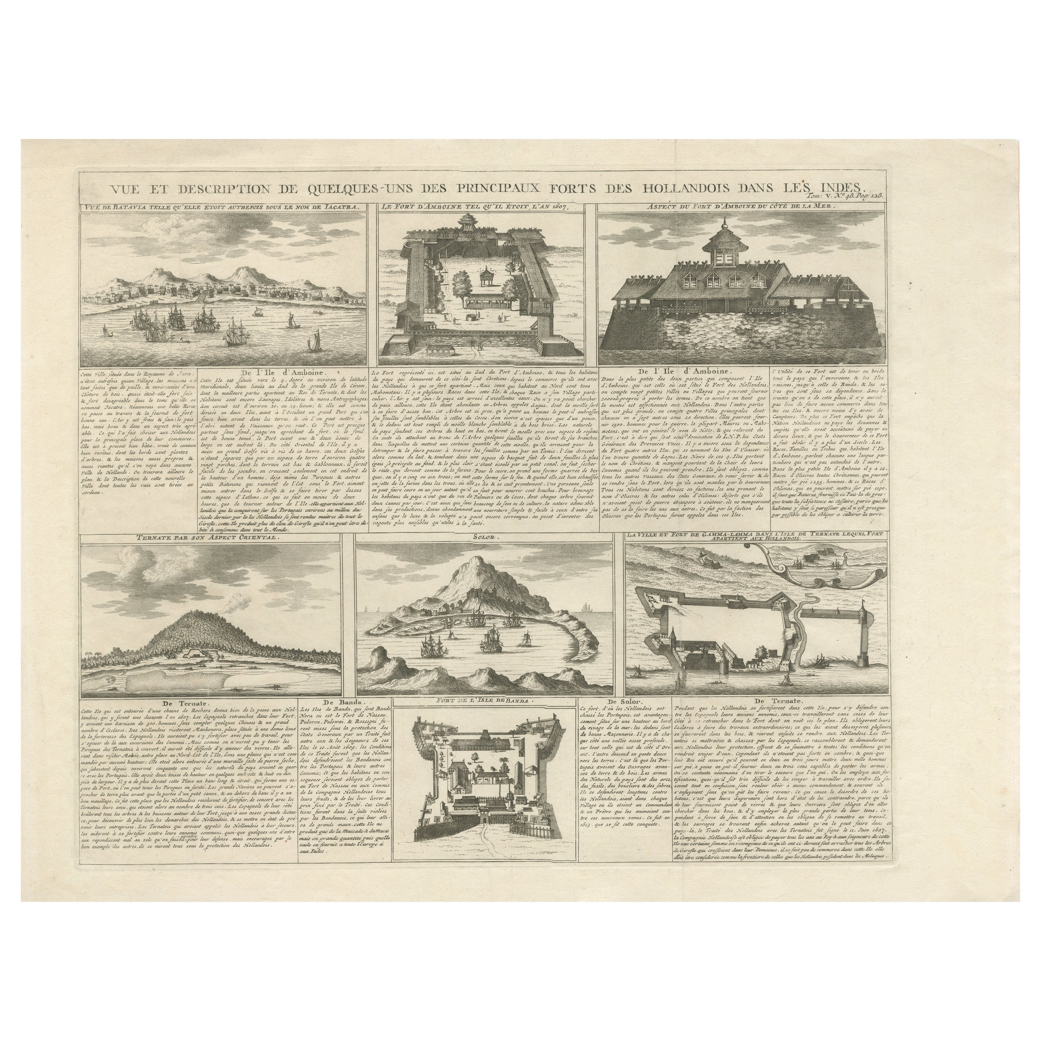 Antique Dutch East Indies Forts Engraving — VOC Batavia, Ambon & Banda, c.1719