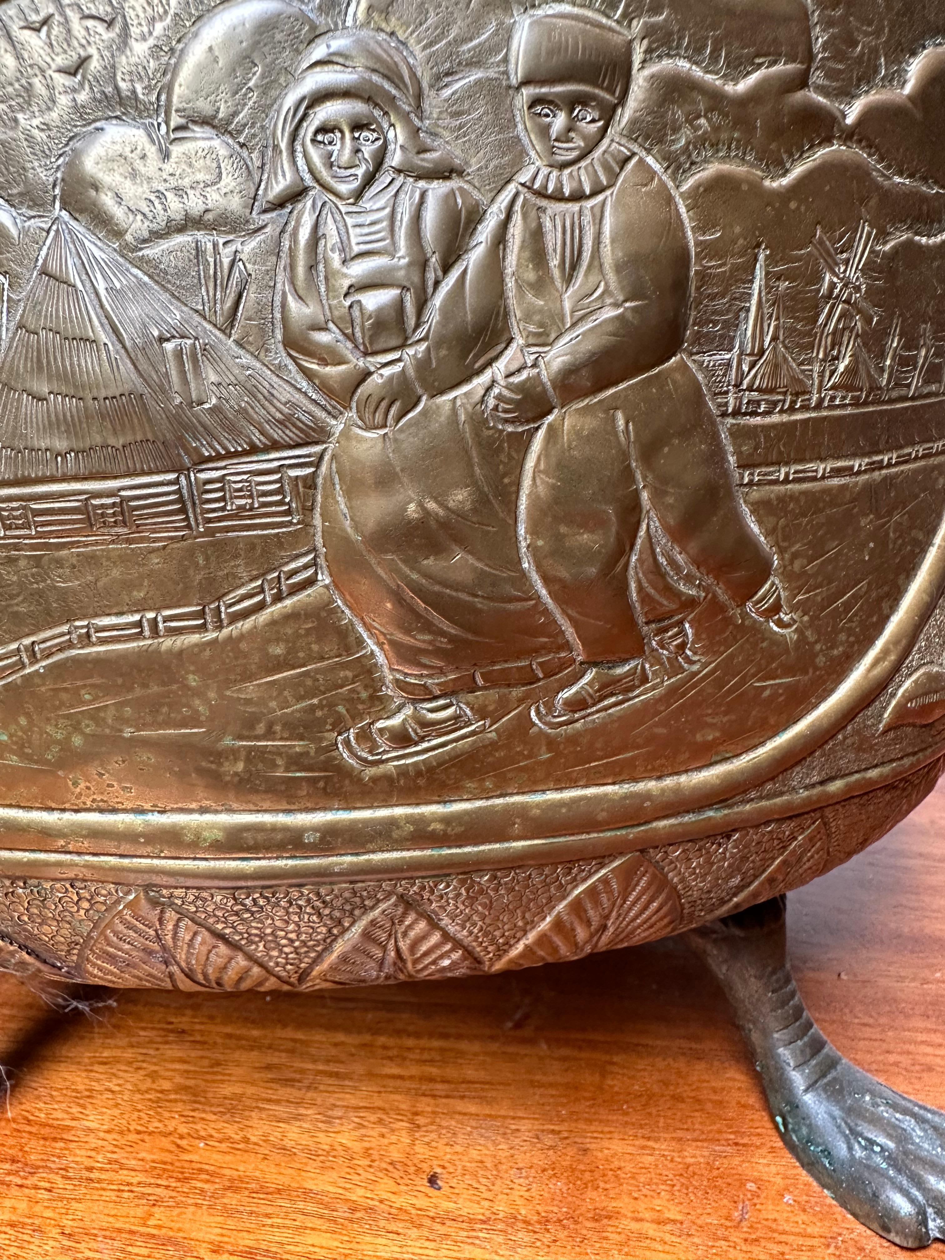 Antique Dutch Embossed Brass Ash or Coal Bucket w. Lions & Farmer's Life Scenes For Sale 2