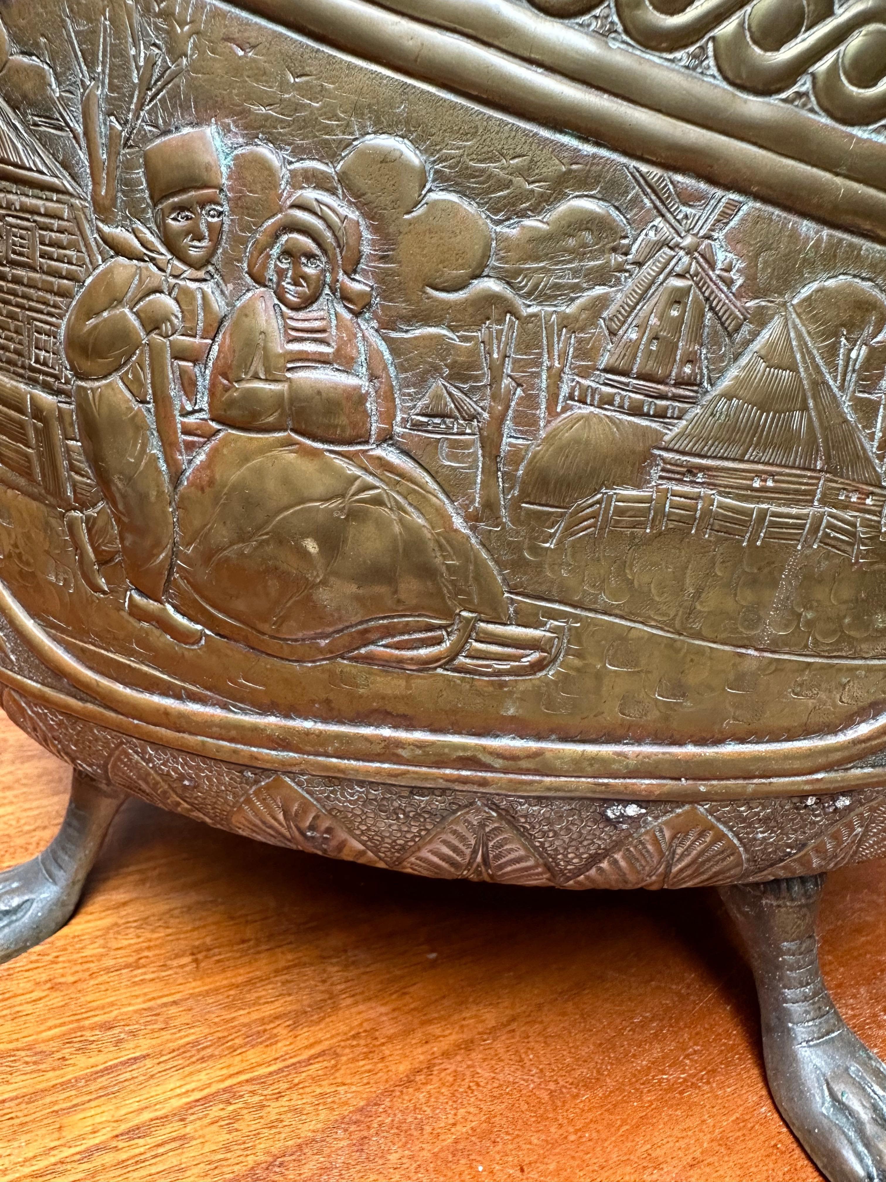 Antique Dutch Embossed Brass Ash or Coal Bucket w. Lions & Farmer's Life Scenes For Sale 3