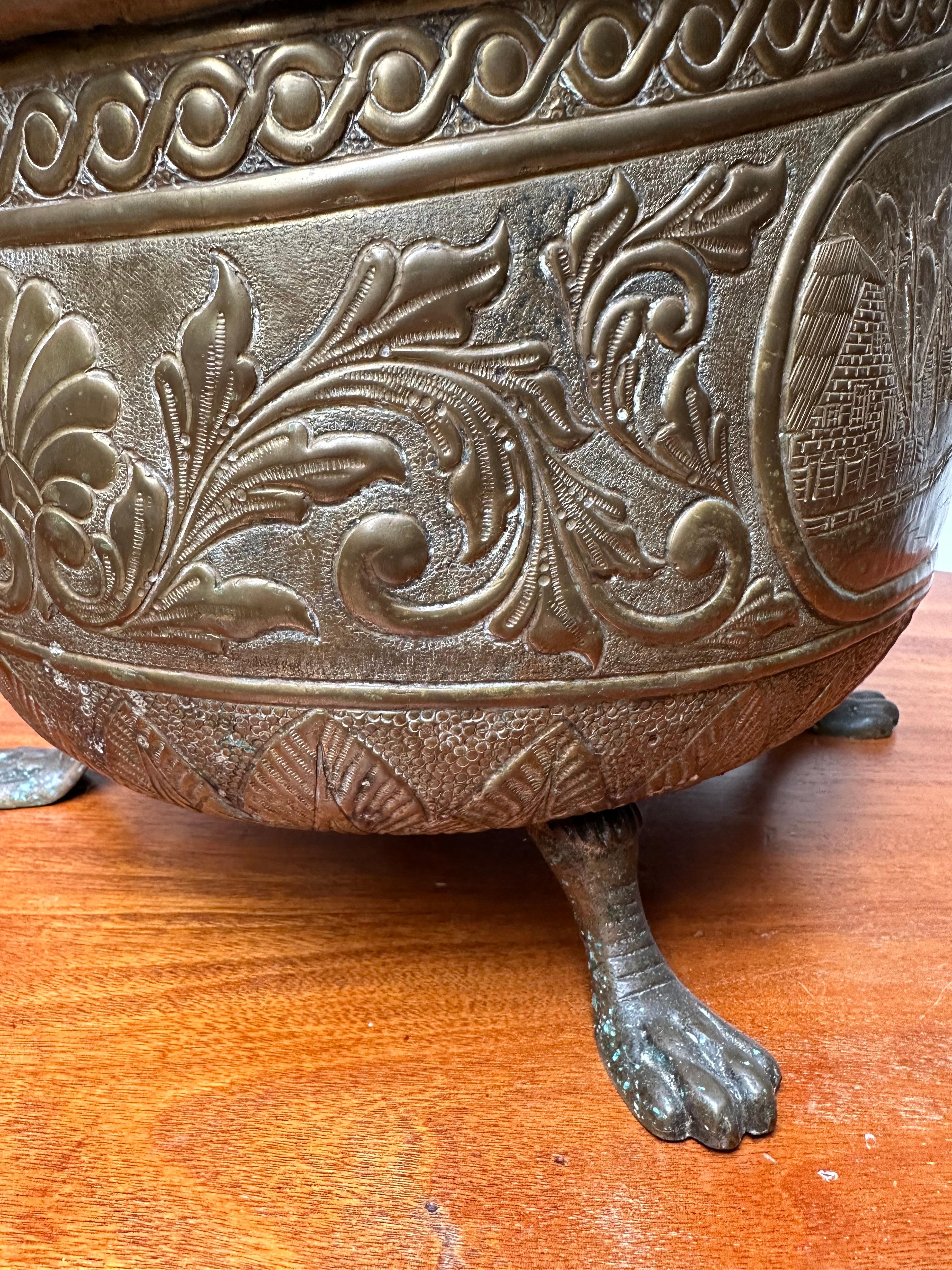 Antique Dutch Embossed Brass Ash or Coal Bucket w. Lions & Farmer's Life Scenes For Sale 4