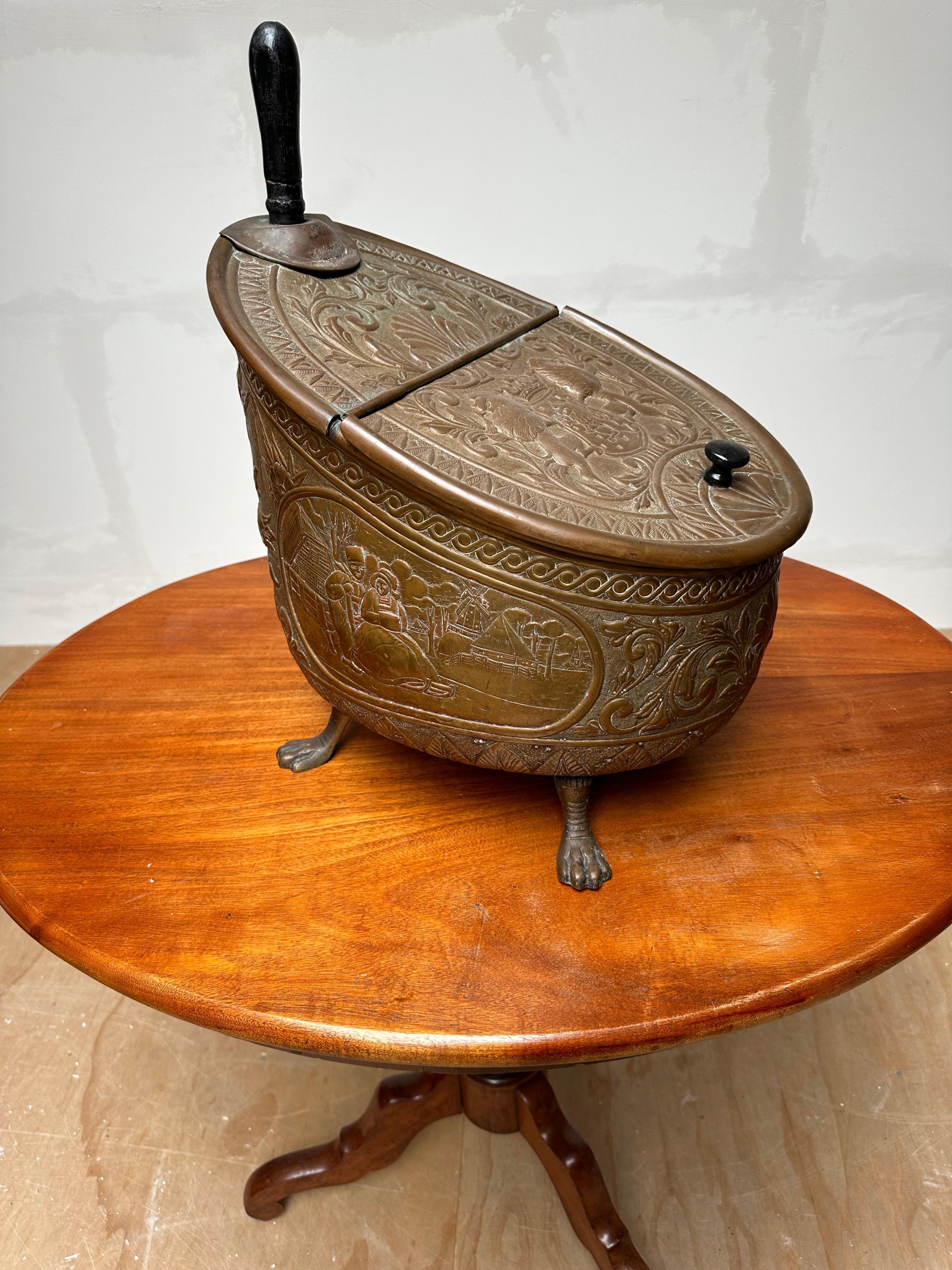 Stunning workmanship bucket with Lion's crest and showing the outdoor activities of Dutch farmers.

In the Dutch Biedermeier era this handcrafted coal bucket would have graced the fireplace of a proud to be Dutch individual. Many of the Crests of