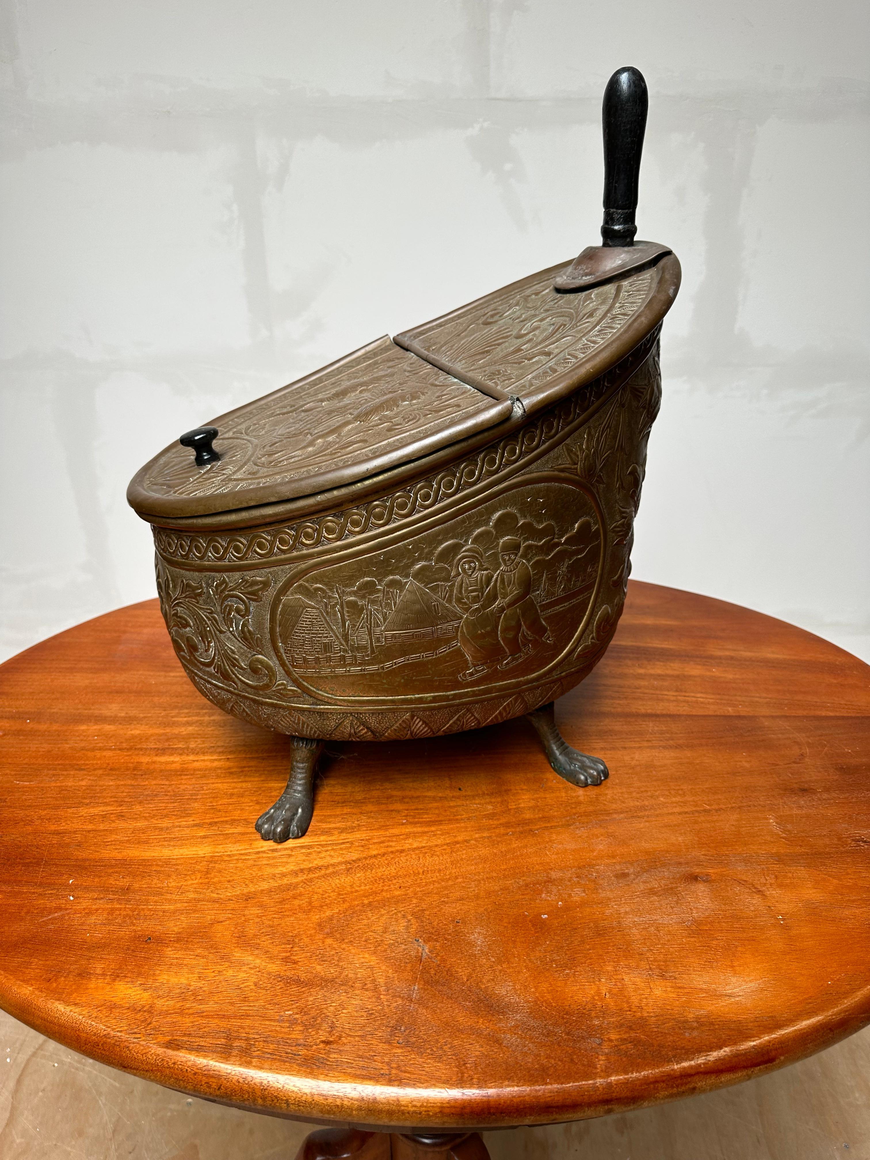 19th Century Antique Dutch Embossed Brass Ash or Coal Bucket w. Lions & Farmer's Life Scenes For Sale