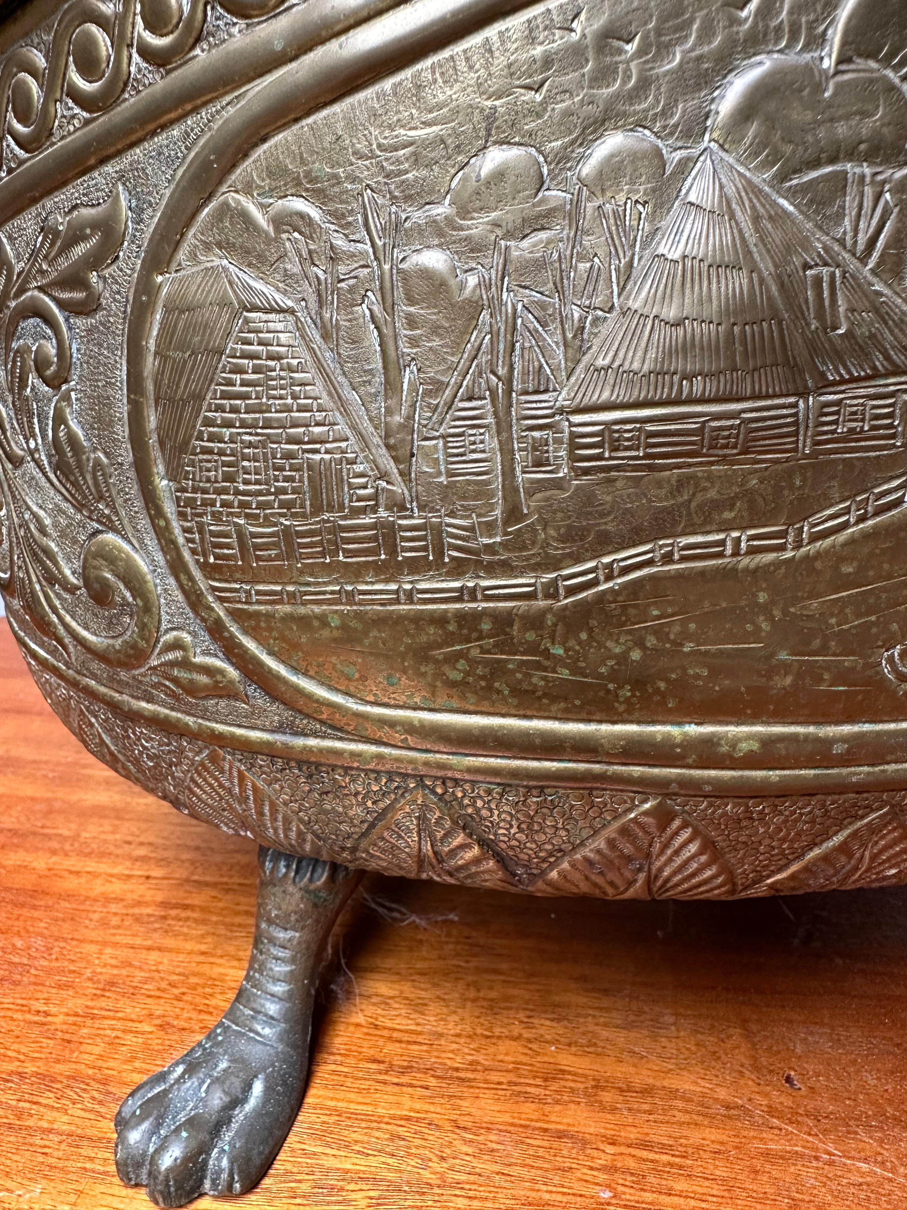 Wood Antique Dutch Embossed Brass Ash or Coal Bucket w. Lions & Farmer's Life Scenes For Sale