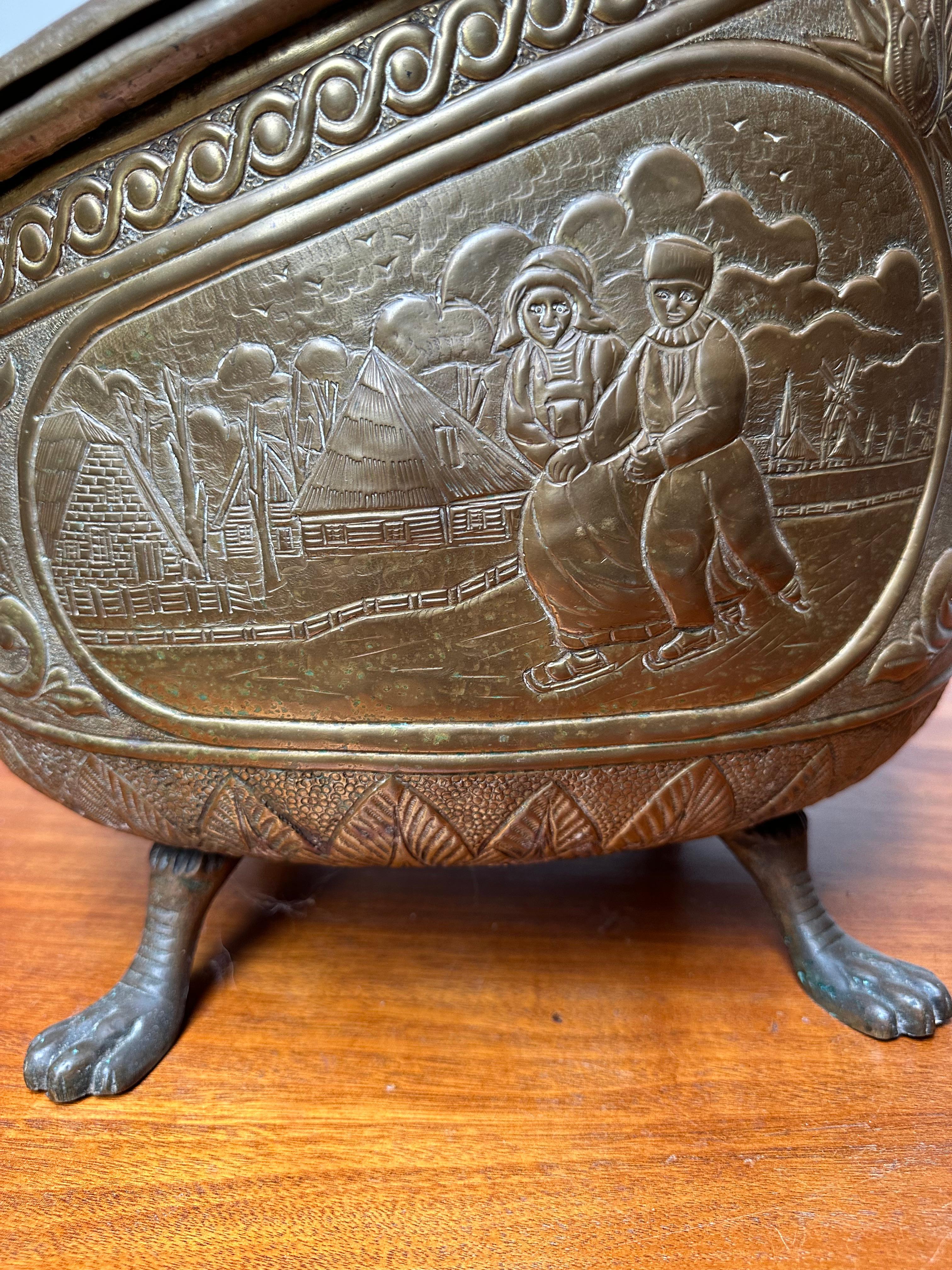 Antique Dutch Embossed Brass Ash or Coal Bucket w. Lions & Farmer's Life Scenes For Sale 1