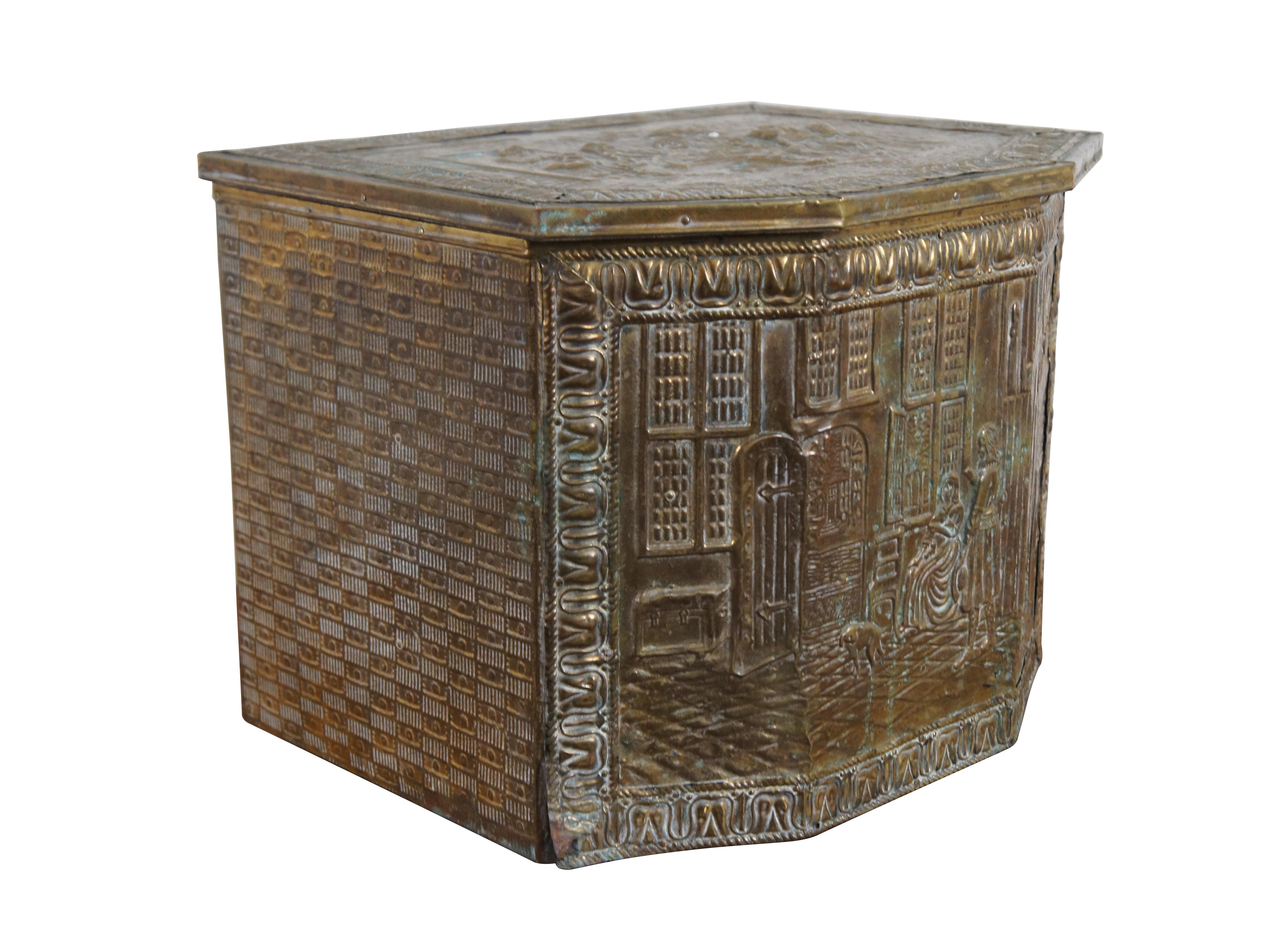 Antike holländische geprägte Messing Kamingesellschaft Coal Bin Feuer Box Scuttle 15