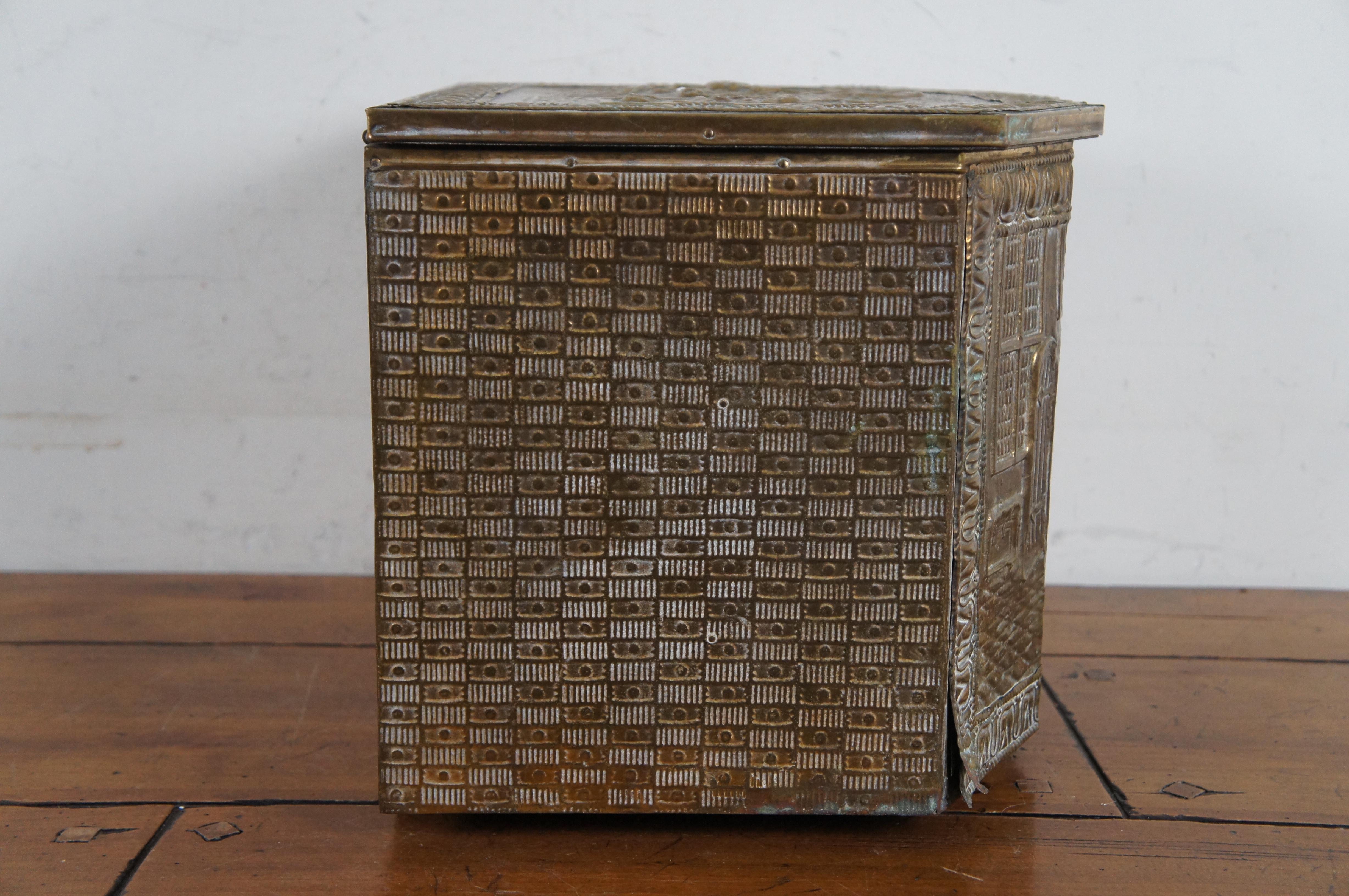 Antike holländische geprägte Messing Kamingesellschaft Coal Bin Feuer Box Scuttle 15