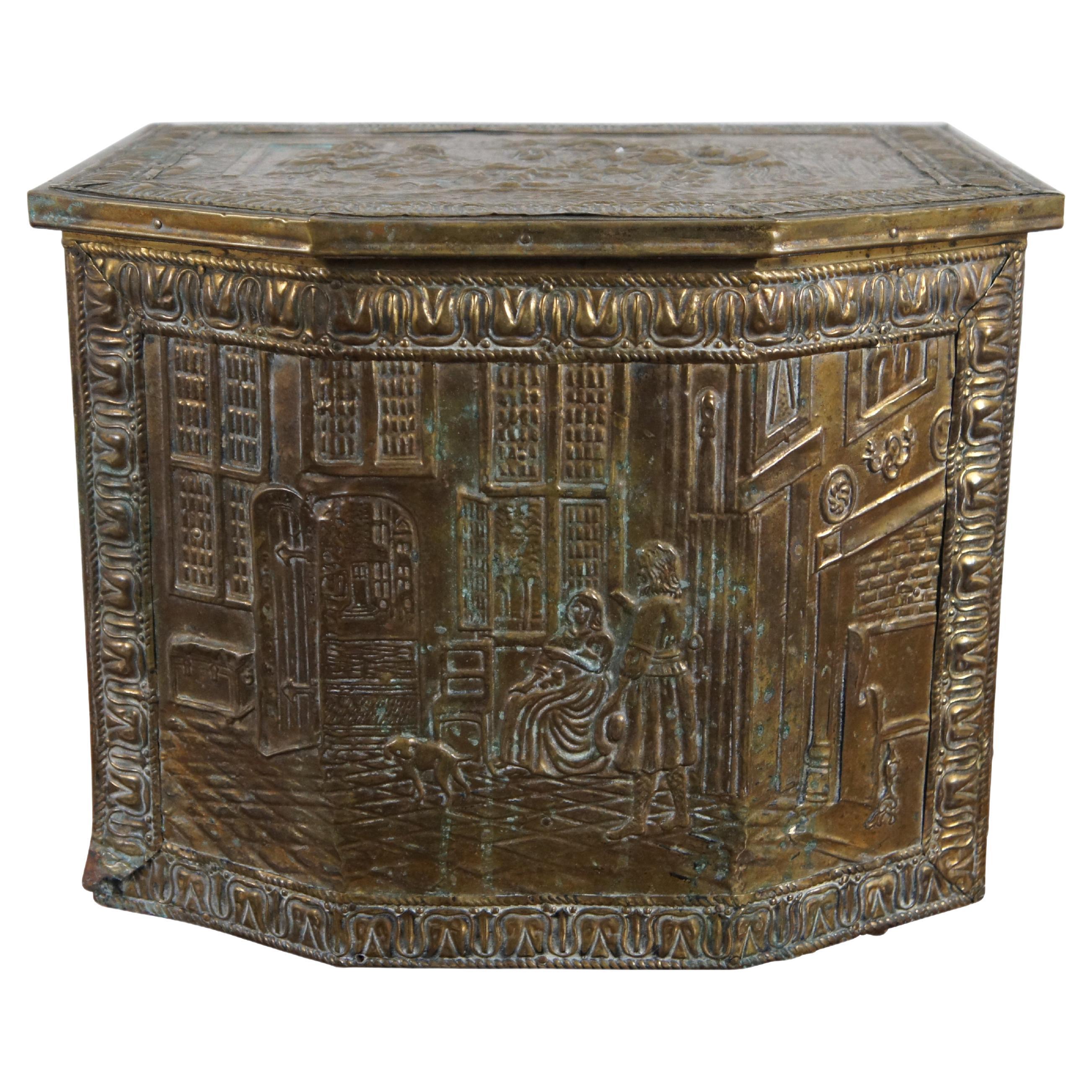 Antique Dutch Embossed Brass Fireside Tavern Coal Bin Fire Box Scuttle 15" For Sale