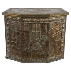 Antique Dutch Embossed Brass Fireside Tavern Coal Bin Fire Box Scuttle 15"