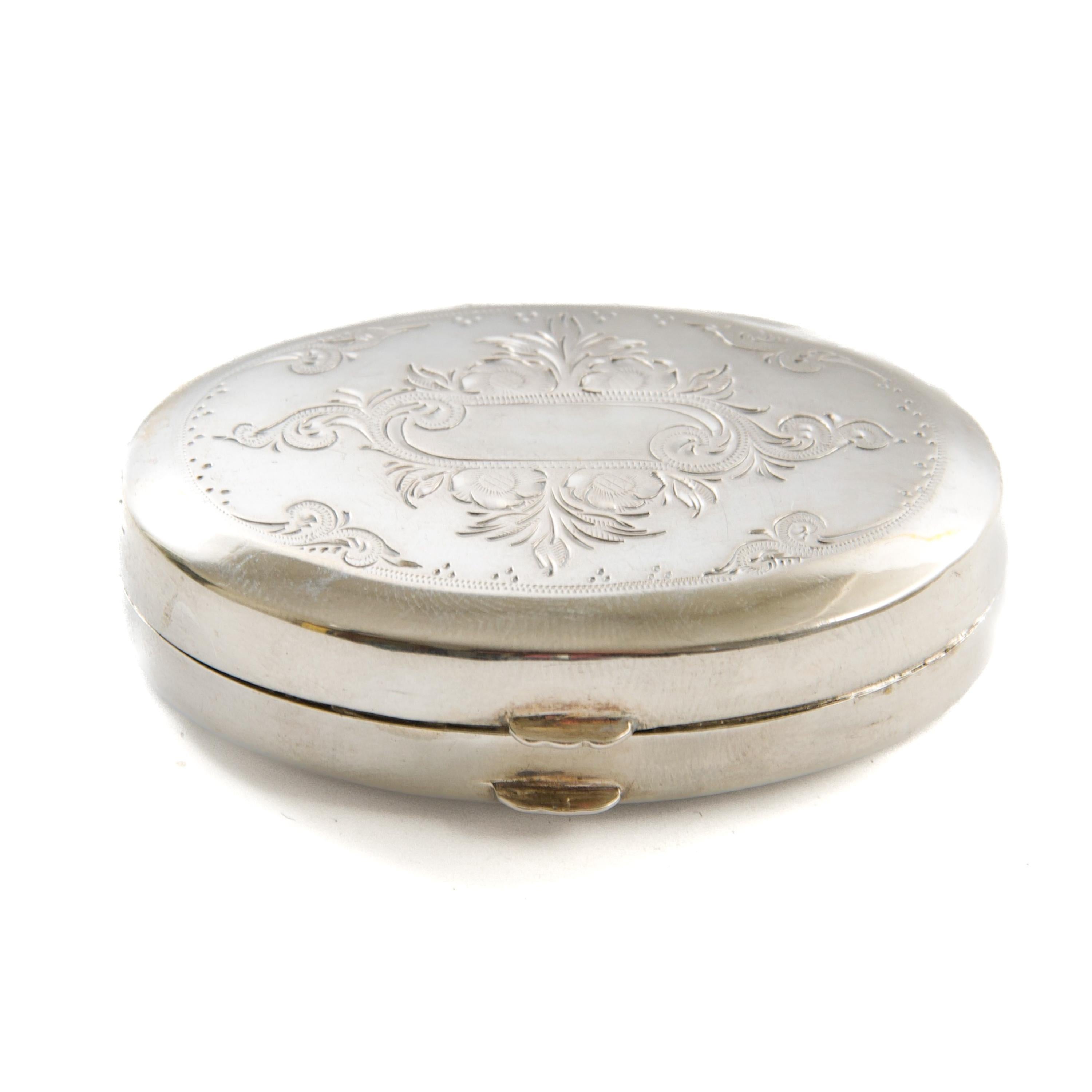 Women's or Men's Antique Dutch Engraved Silver Oval Box, 19th Century For Sale