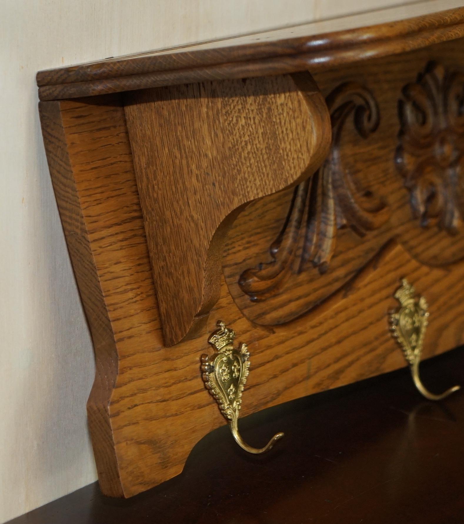 Antique Dutch Fine Carved Oak Coat Hat Scarf Wall Rack Hanger French Royal Hooks For Sale 2