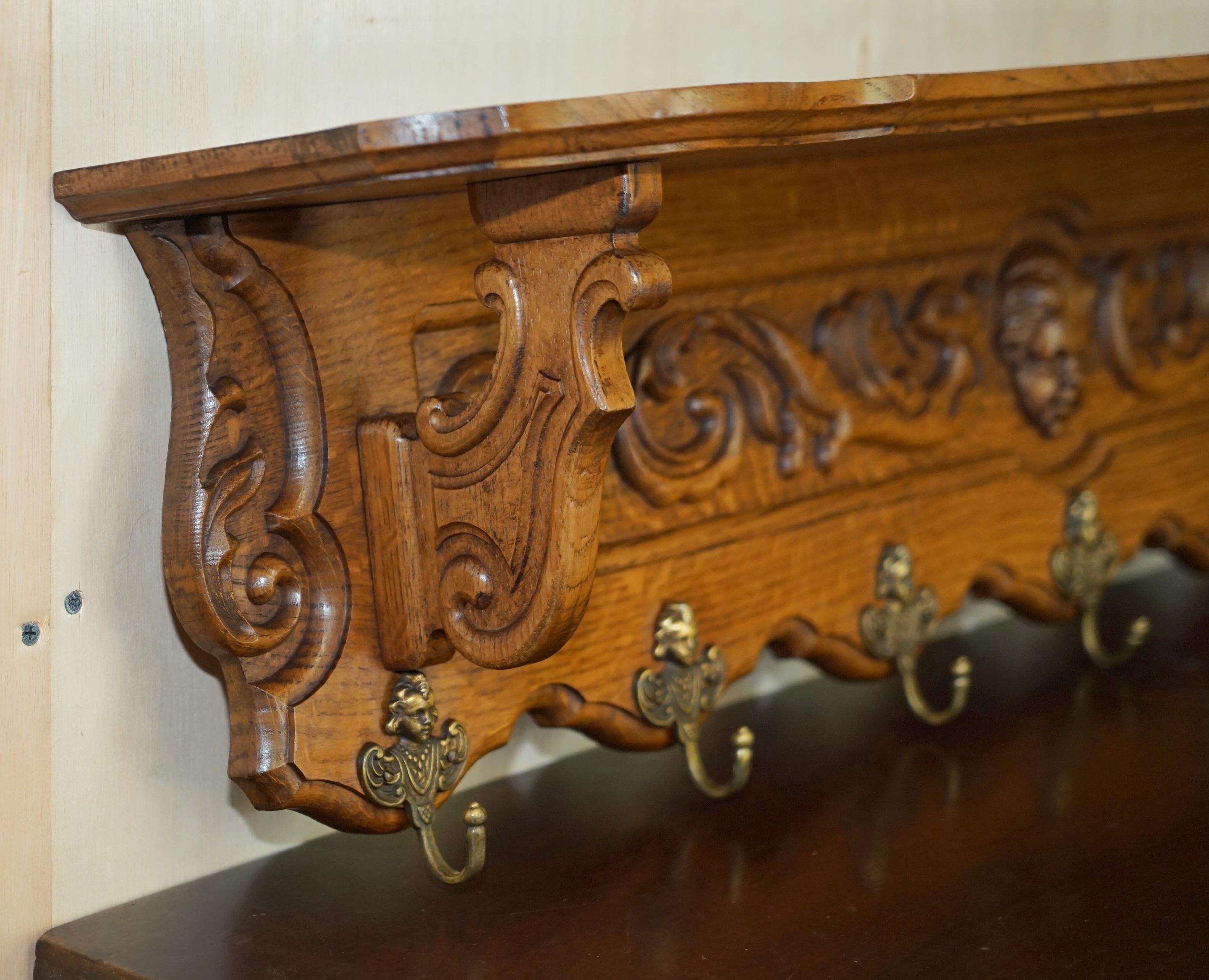 ANTIQUE DUTCH FiNE CHERUB CARVED OAK COAT HAT SCARF WALL RACK HANGER ROYAL HOOKS For Sale 1