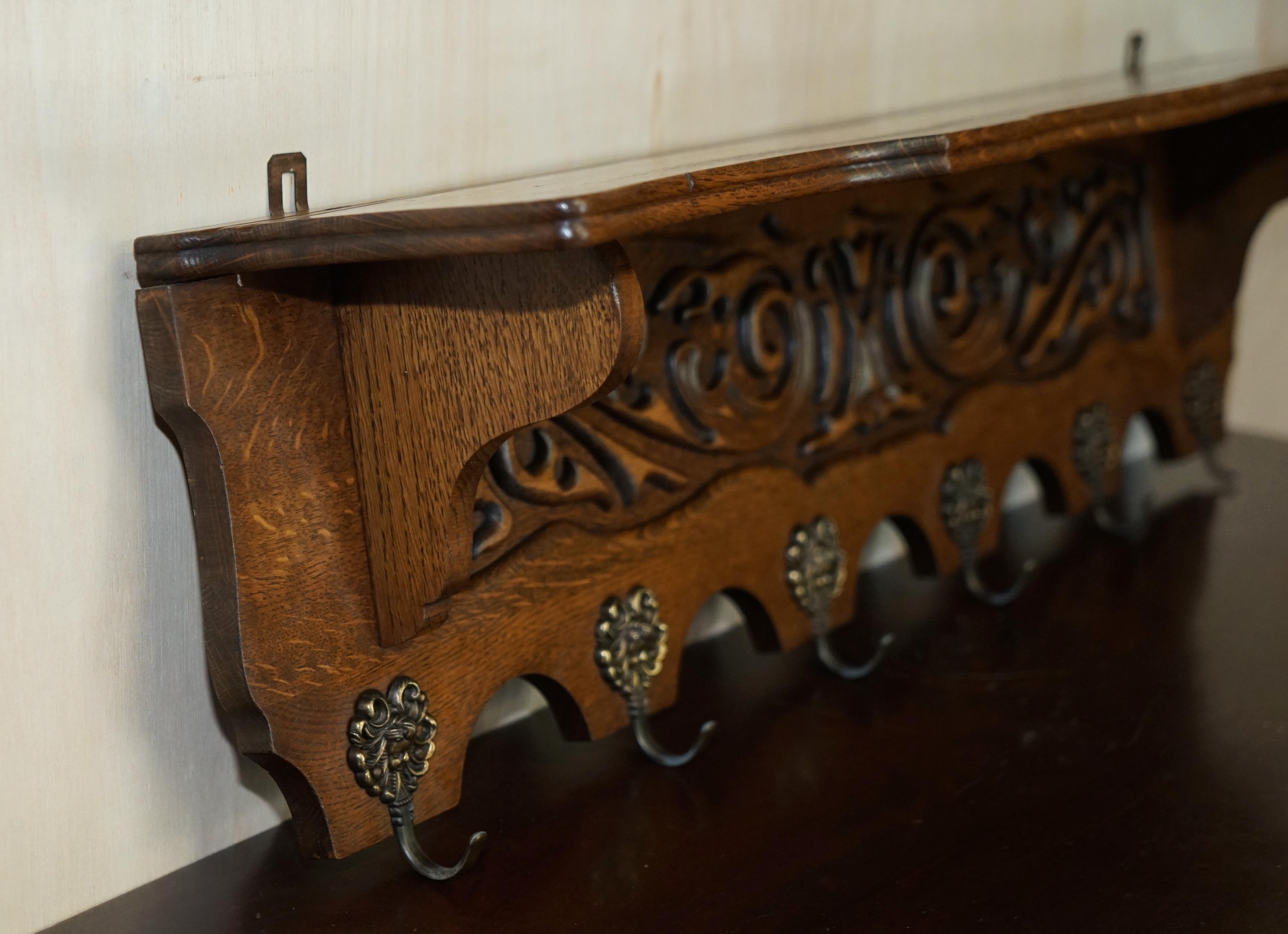Antique Dutch Finely Carved Oak Coat Hat Scarf Wall Rack Hanger French Hooks For Sale 4
