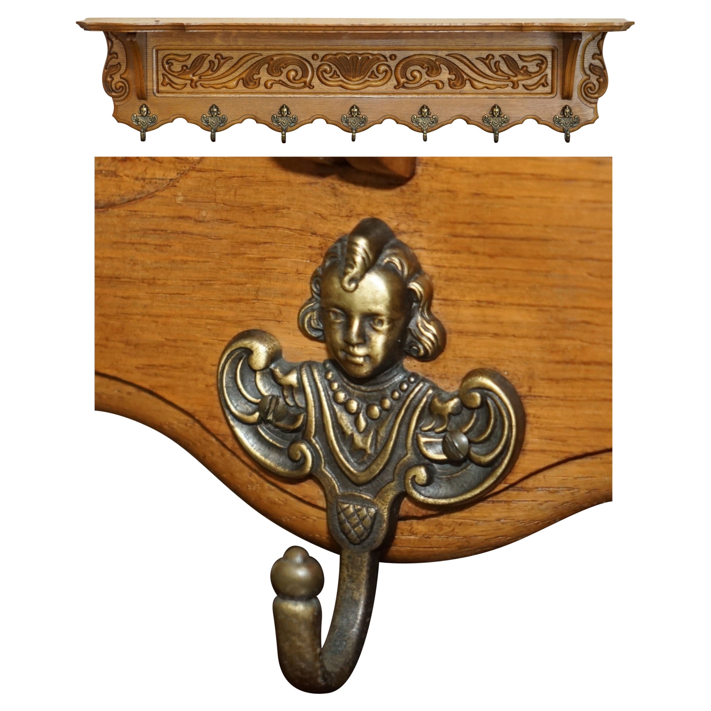 Antique écharpe porte-manteaux en chêne finement clair, porte-chapeaux mural, crochets français