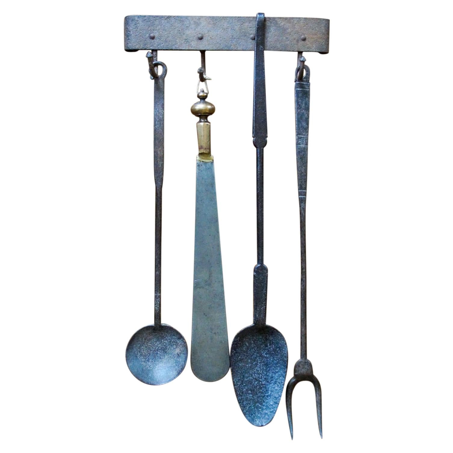 Ensemble d'outils de cheminée néerlandais anciens, outils de cheminée, 17e-18e siècle