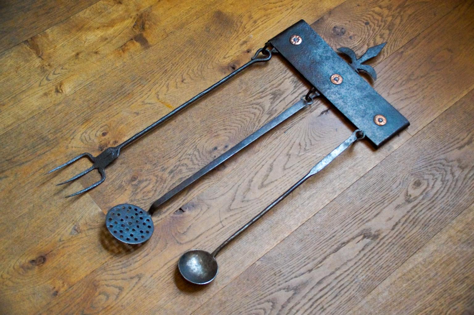 Forged Antique Dutch Fireplace Tool Set, Fire Tools, 17th Century For Sale