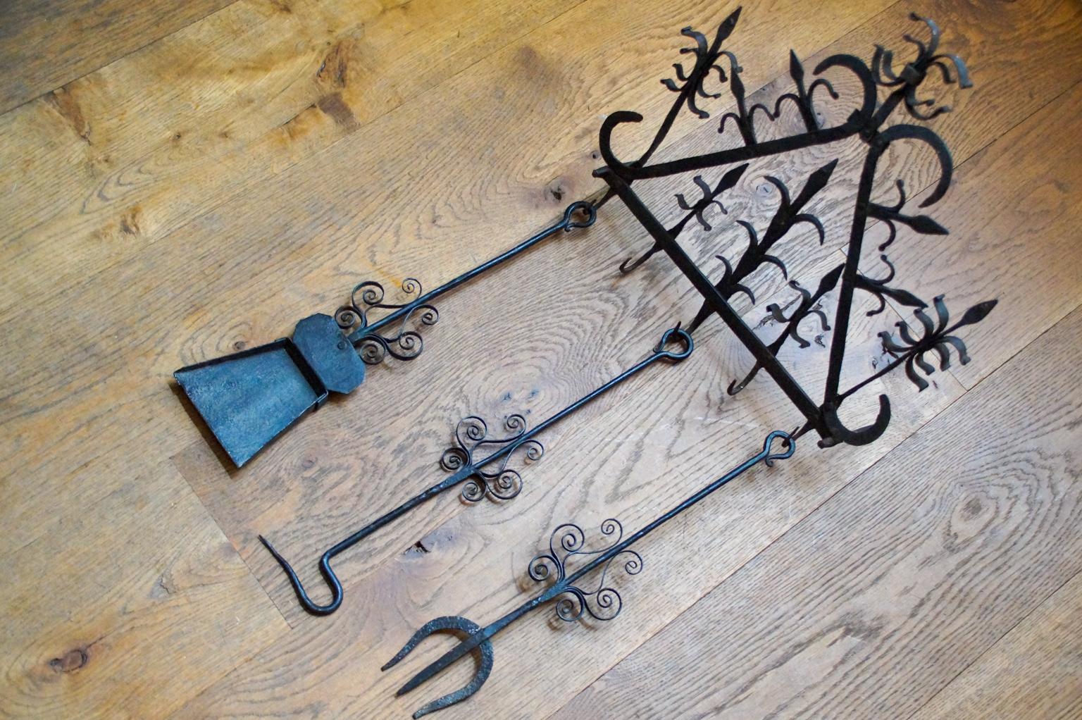 Forged Antique Dutch Fireplace Tool Set, Fire Tools, 18th-19th Century For Sale
