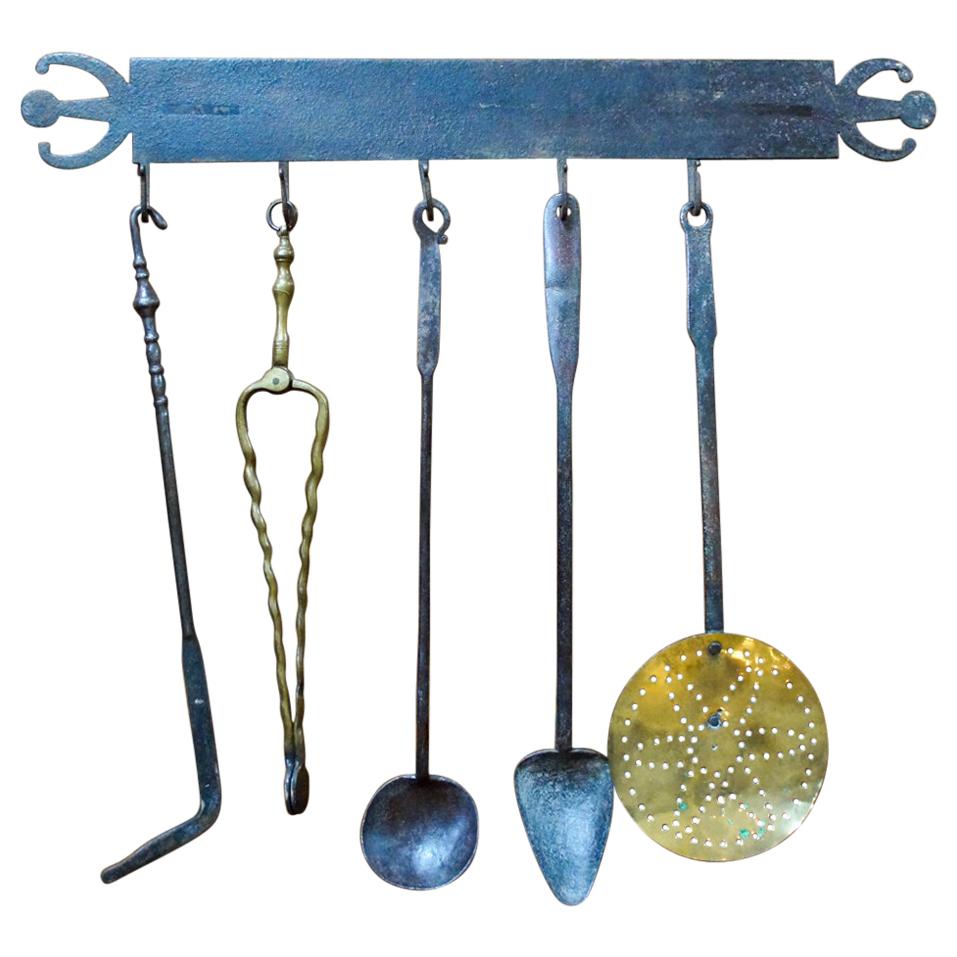 Ensemble d'outils de cheminée néerlandais anciens, outils de cheminée, 18e-19e siècle