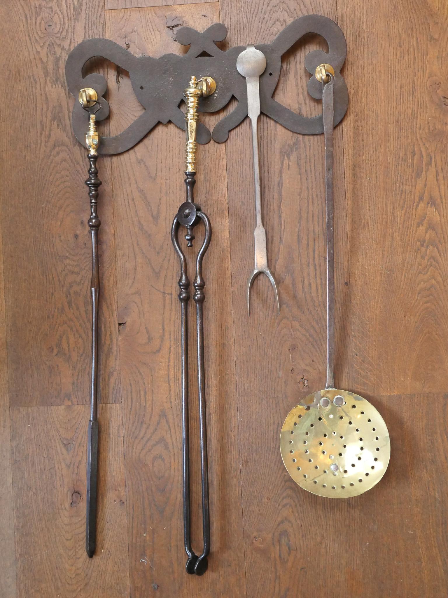Brass Antique Dutch Fireplace Tools or Fire Tools, 18th/19th Century For Sale